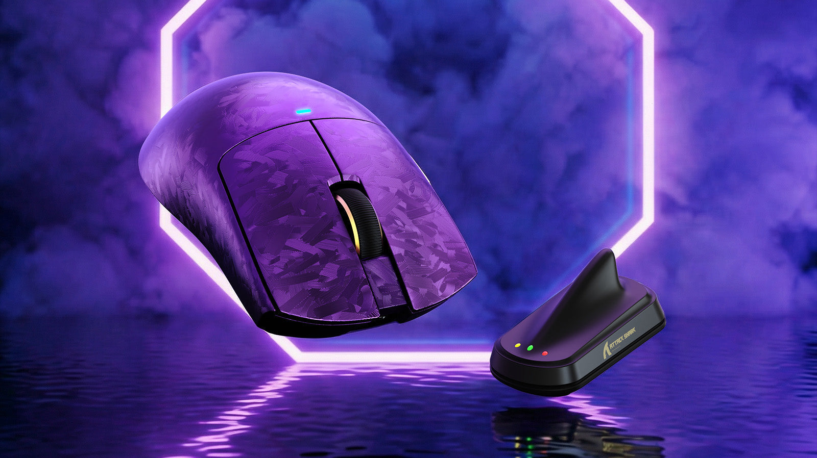 Attack Shark wireless gaming mouse in a textured purple finish, floating next to its signature shark fin wireless receiver
