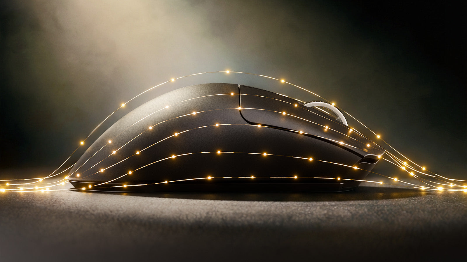 Side view of a black gaming mouse wrapped in glowing golden light trails on a dark surface.