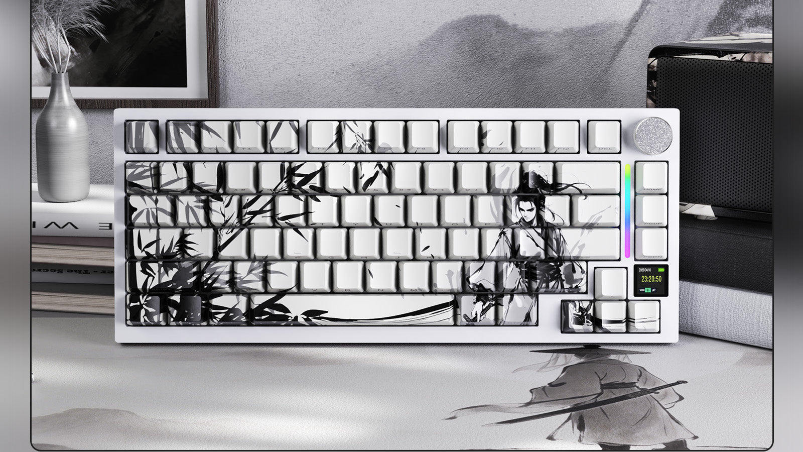 A white mechanical keyboard featuring custom black-and-white ink wash style keycaps with a bamboo and warrior design, equipped with a volume knob and a small digital screen on the right side