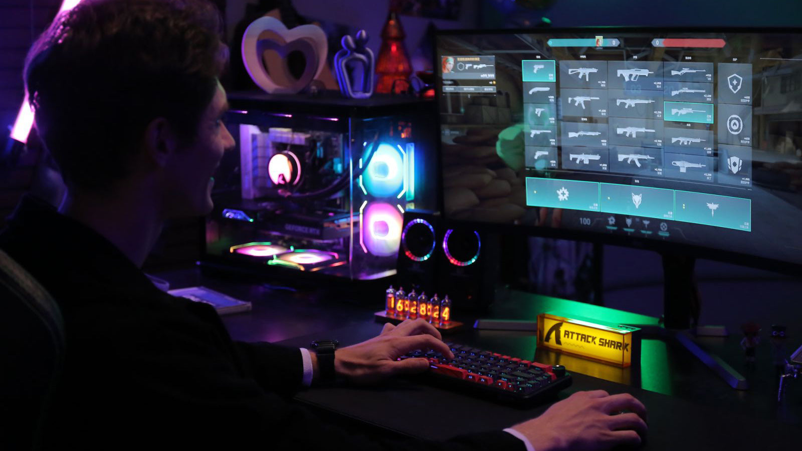 Gamer playing a first-person shooter game at a gaming setup featuring a high-end PC with RGB lighting components