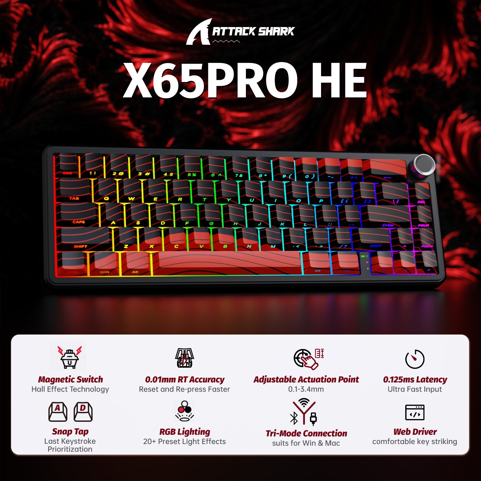 ATTACK SHARK X65PRO HE ワイヤレスラピッドトリガーキーボード マグネティックスイッチ