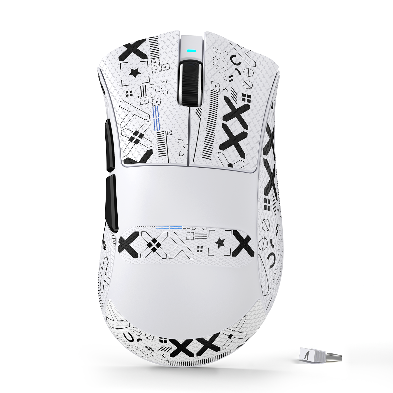 ATTACK SHARK V3 Ultra-Light Tri-Mode Gaming Mouse with abstract black patterns and blue LED