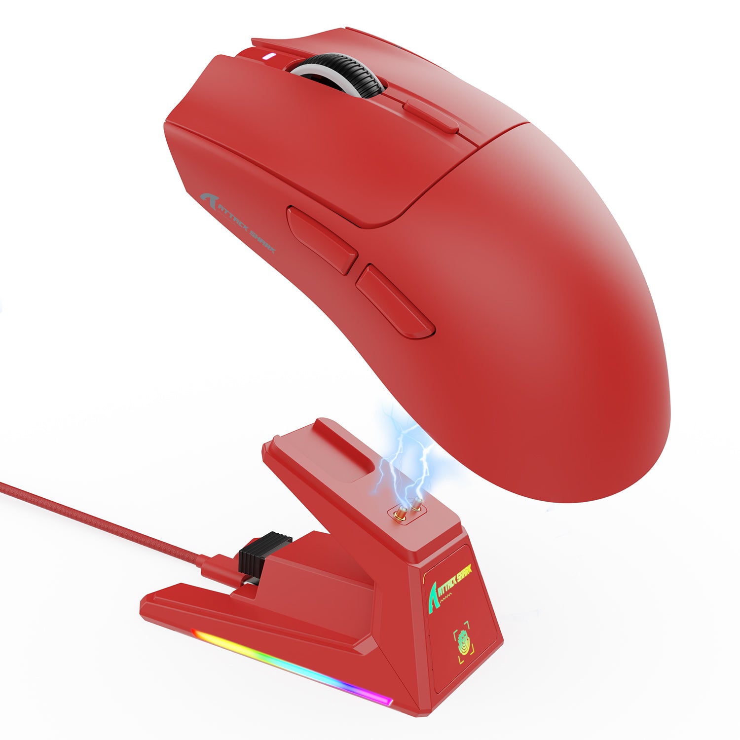 ATTACK SHARK X1 Tri-mode gaming mouse and charging dock, red, RGB lighting, wireless connectivity