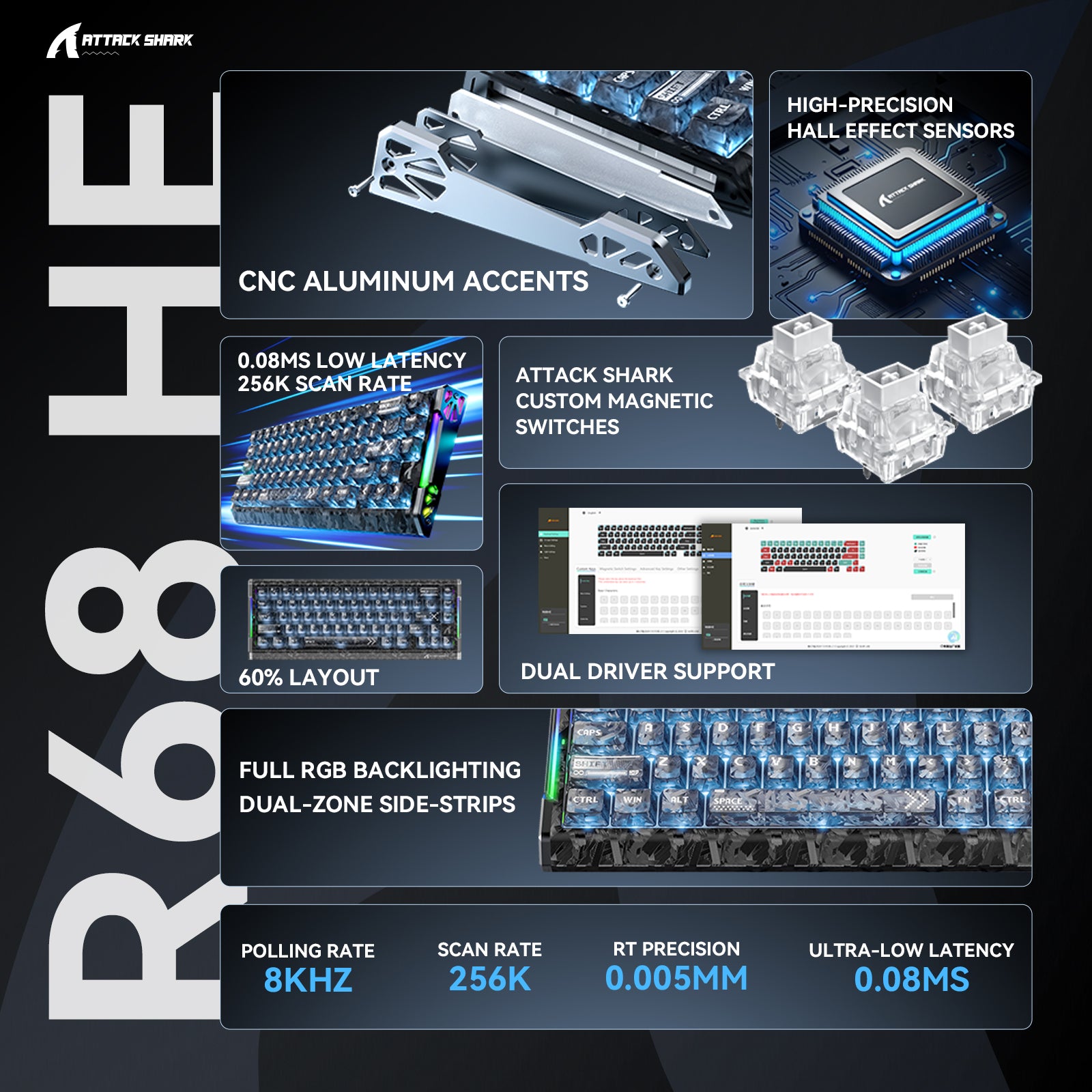 ATTACK SHARK R68 HE Carbon Fiber Rapid Trigger Keyboard with RGB, 8000Hz polling, and magnetic switches.