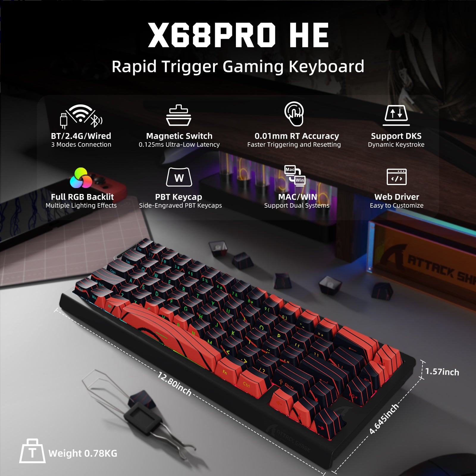 ATTACK SHARK X68PRO HE ワイヤレス ラピッド トリガー キーボード マグネティック スイッチ