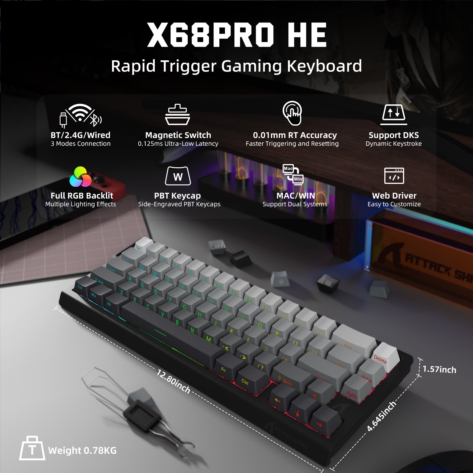 ATTACK SHARK X68PRO HE ワイヤレス ラピッド トリガー キーボード マグネティック スイッチ