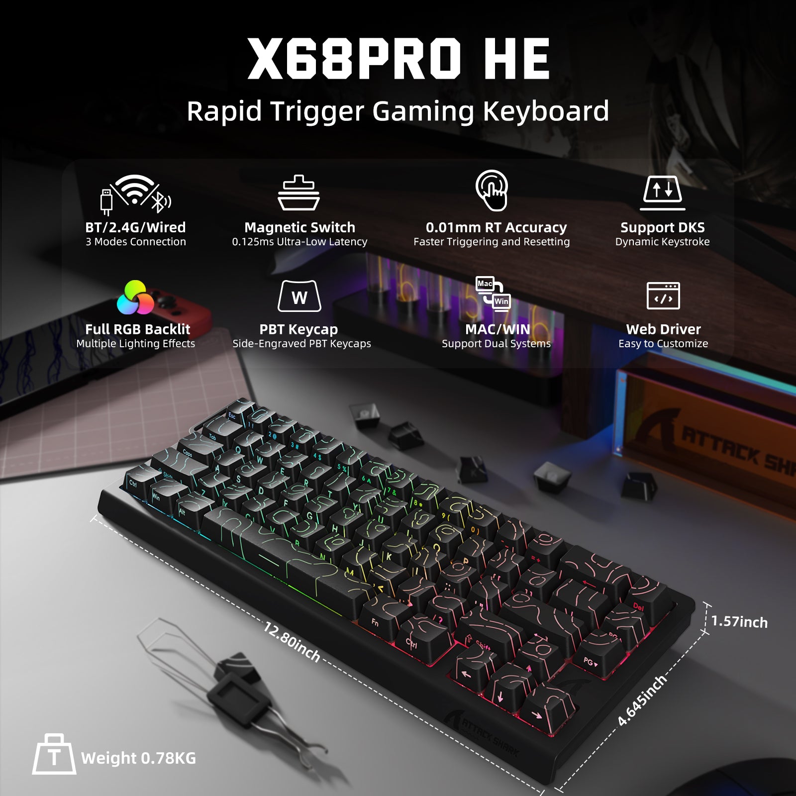 ATTACK SHARK X68PRO HE ワイヤレス ラピッド トリガー キーボード マグネティック スイッチ