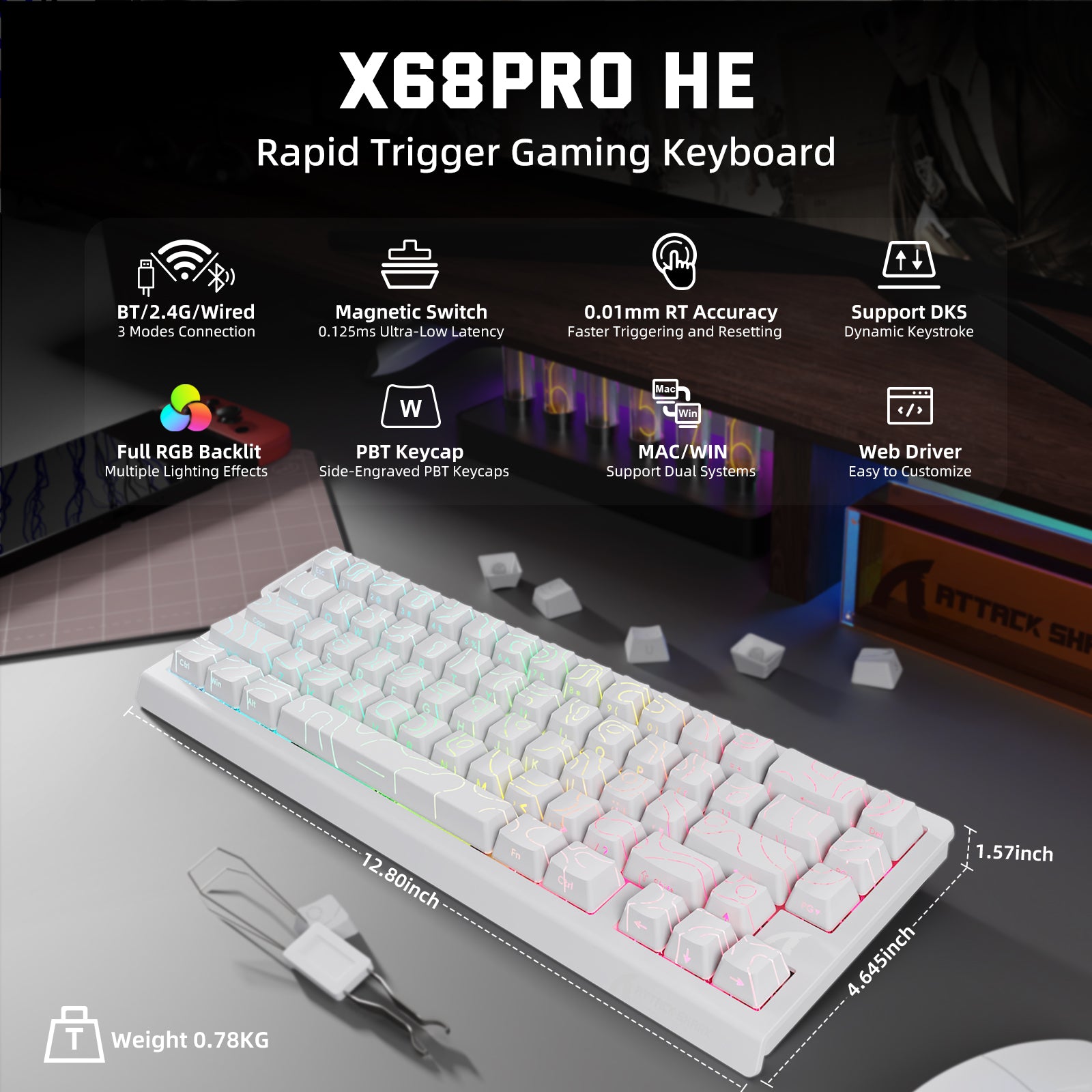 ATTACK SHARK X68PRO HE ワイヤレス ラピッド トリガー キーボード マグネティック スイッチ
