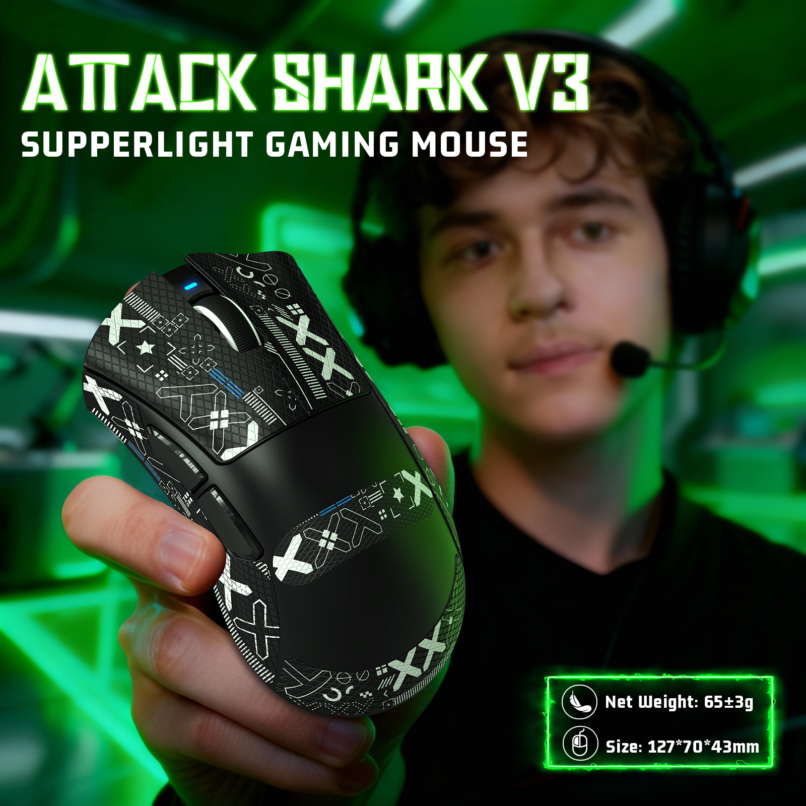 ATTACK SHARK V3 ultra-light gaming mouse with unique black and white patterned grip, held by a person wearing headphones.