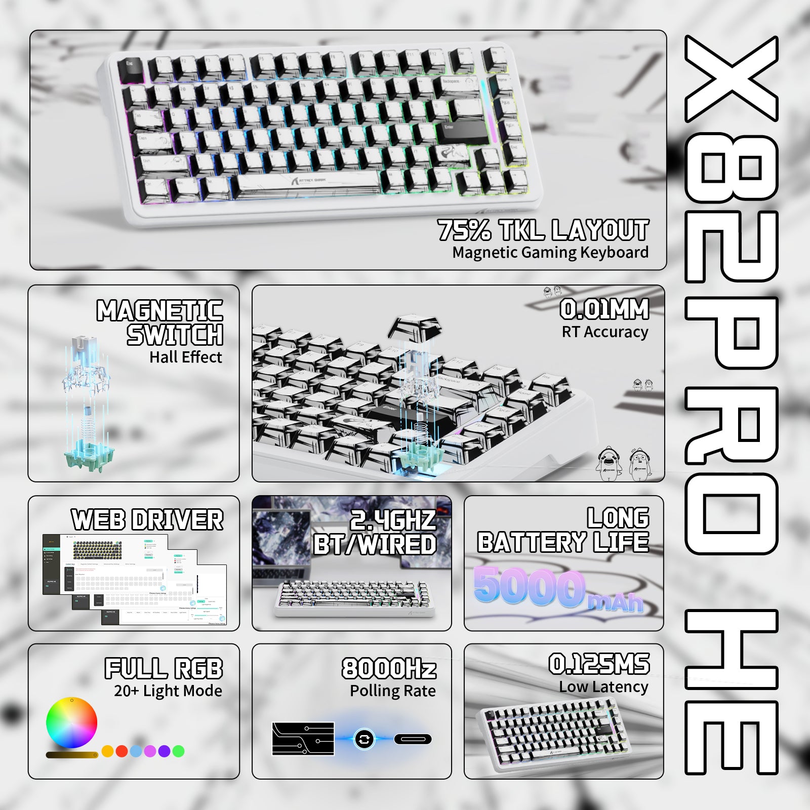 ATTACK SHARK X82PRO HE ワイヤレス ラピッドトリガー ゲーミングキーボード マグネティックスイッチ