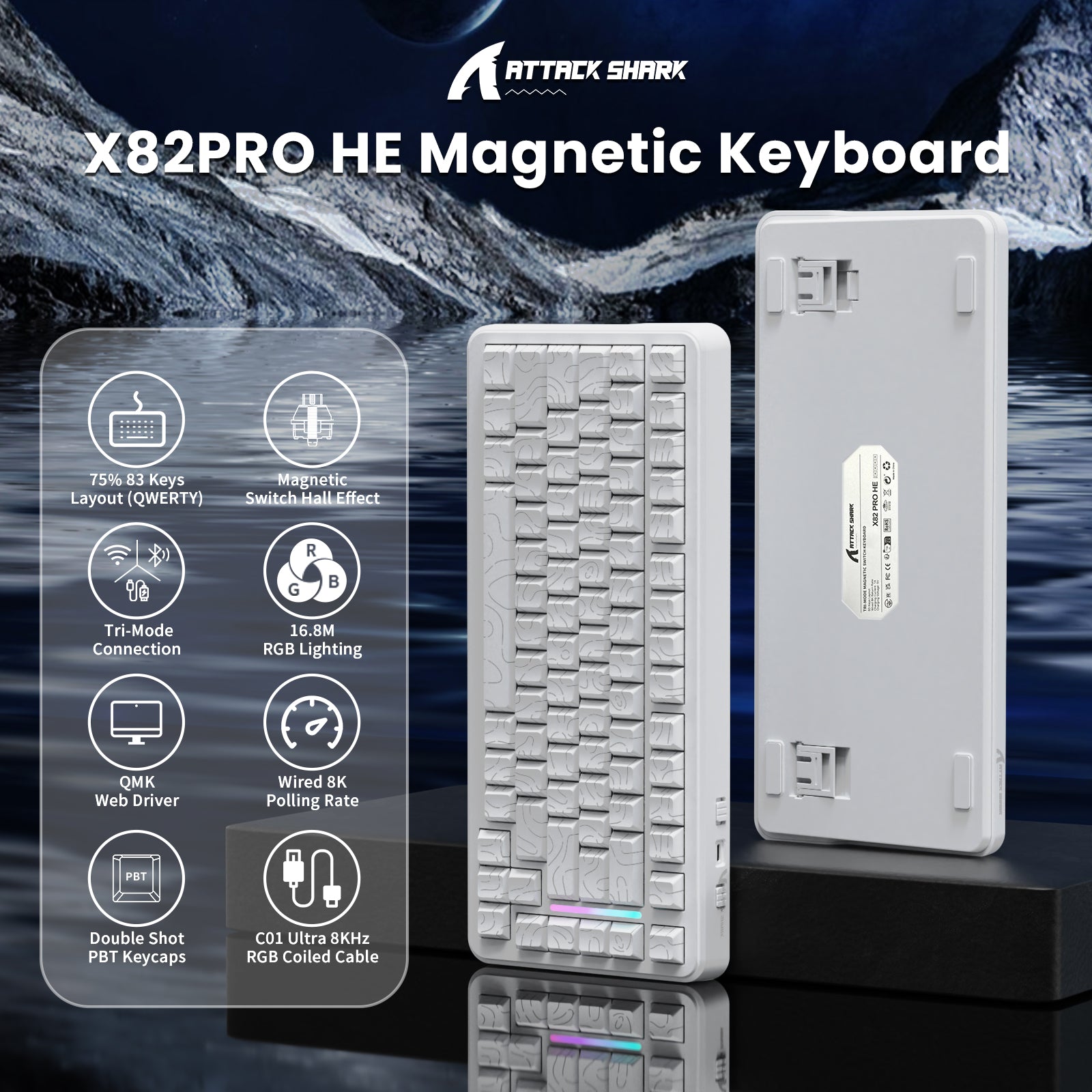 ATTACK SHARK X82PRO HE White Magnetic Keyboard, featuring 75% layout, RGB lighting, and C01 Ultra Coiled Cable.