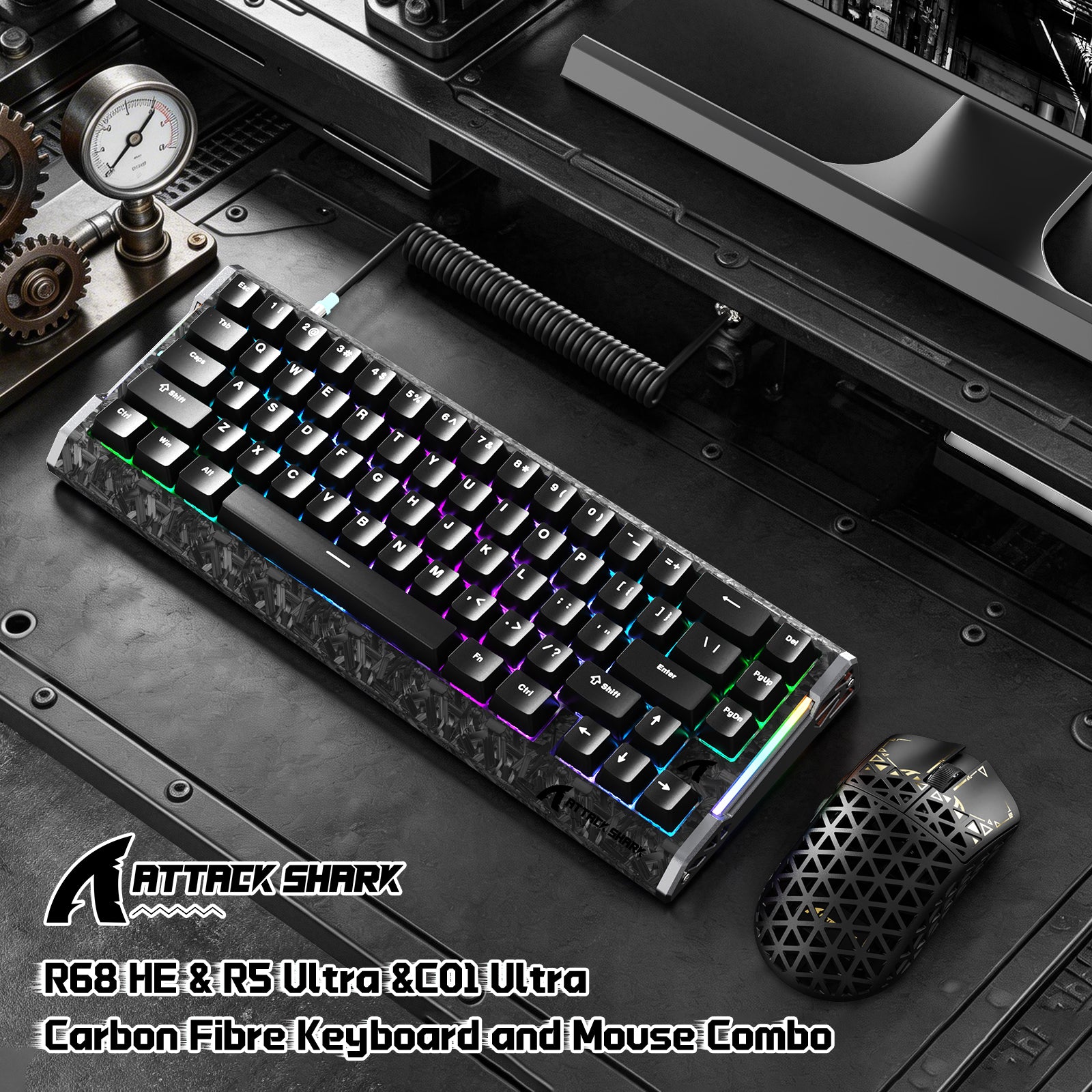 ATTACK SHARK R68 HE & R5 ULTRA Carbon Fiber Gaming Keyboard and Mouse Combo with RGB.