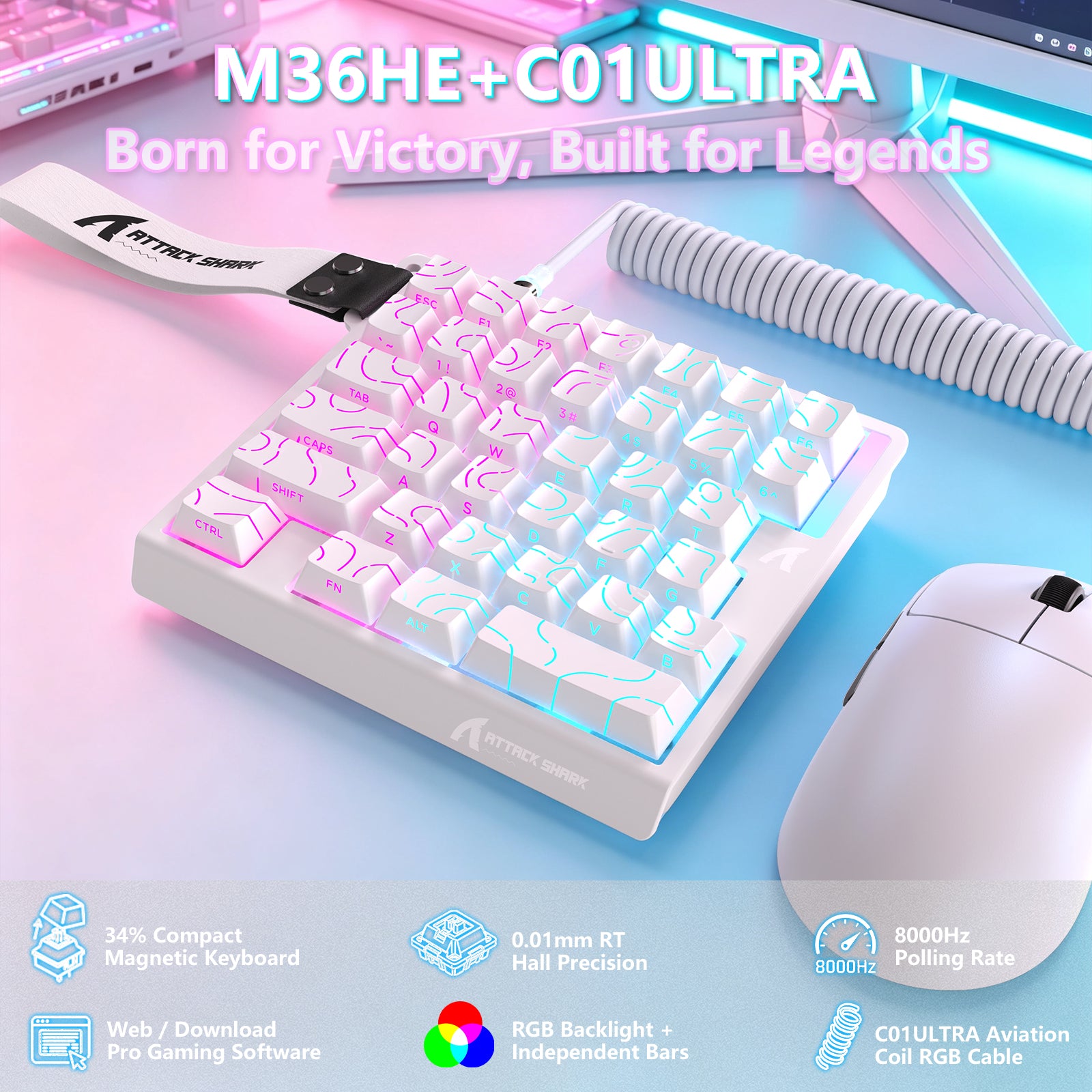 ATTACK SHARK M36 HE 片手用マグネティックスイッチキーボード&C01 ULTRA LED アビエーターケーブル