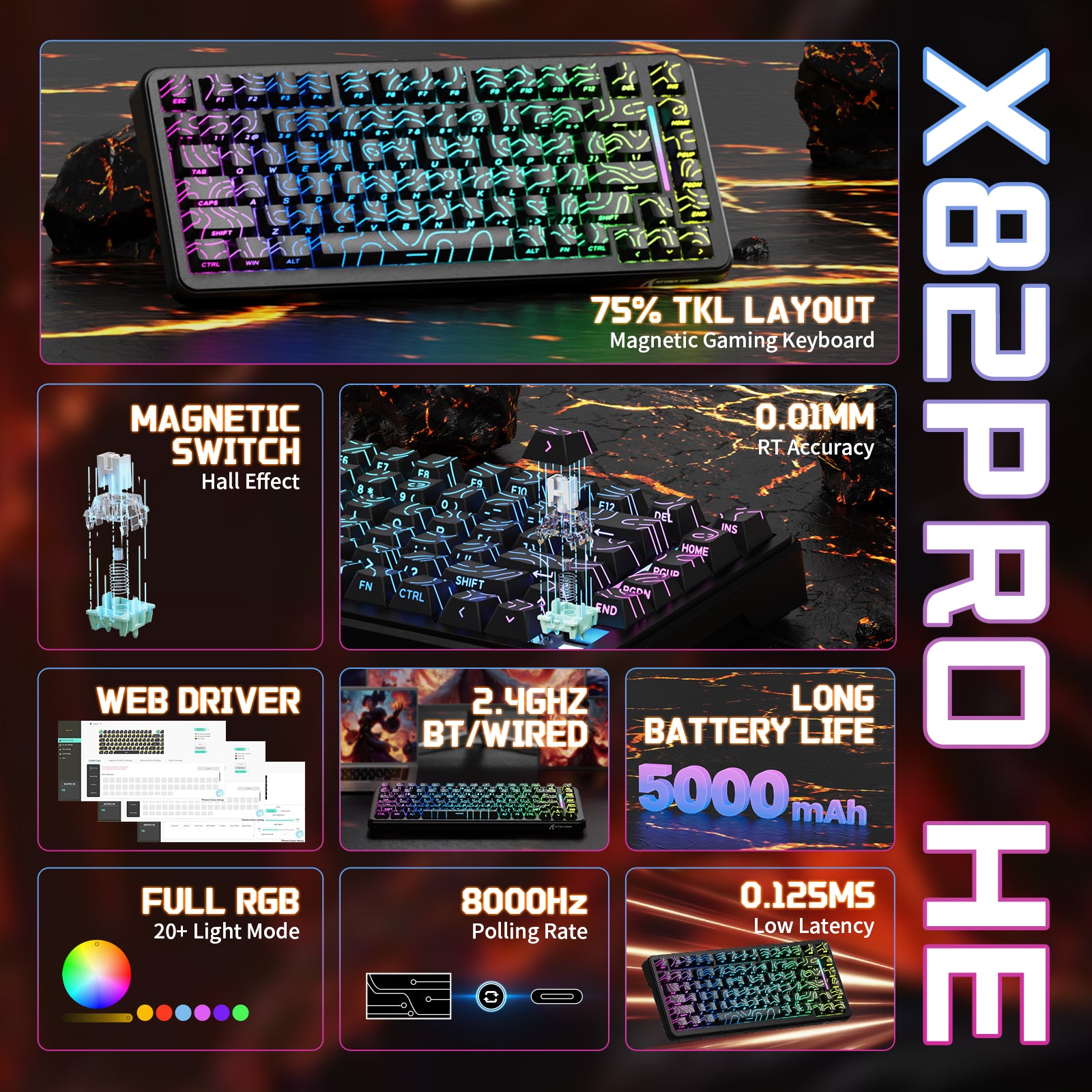 ATTACK SHARK X82PRO HE Gaming Keyboard, 75% TKL, Magnetic Switch, RGB, 8000Hz Polling Rate, Low Latency