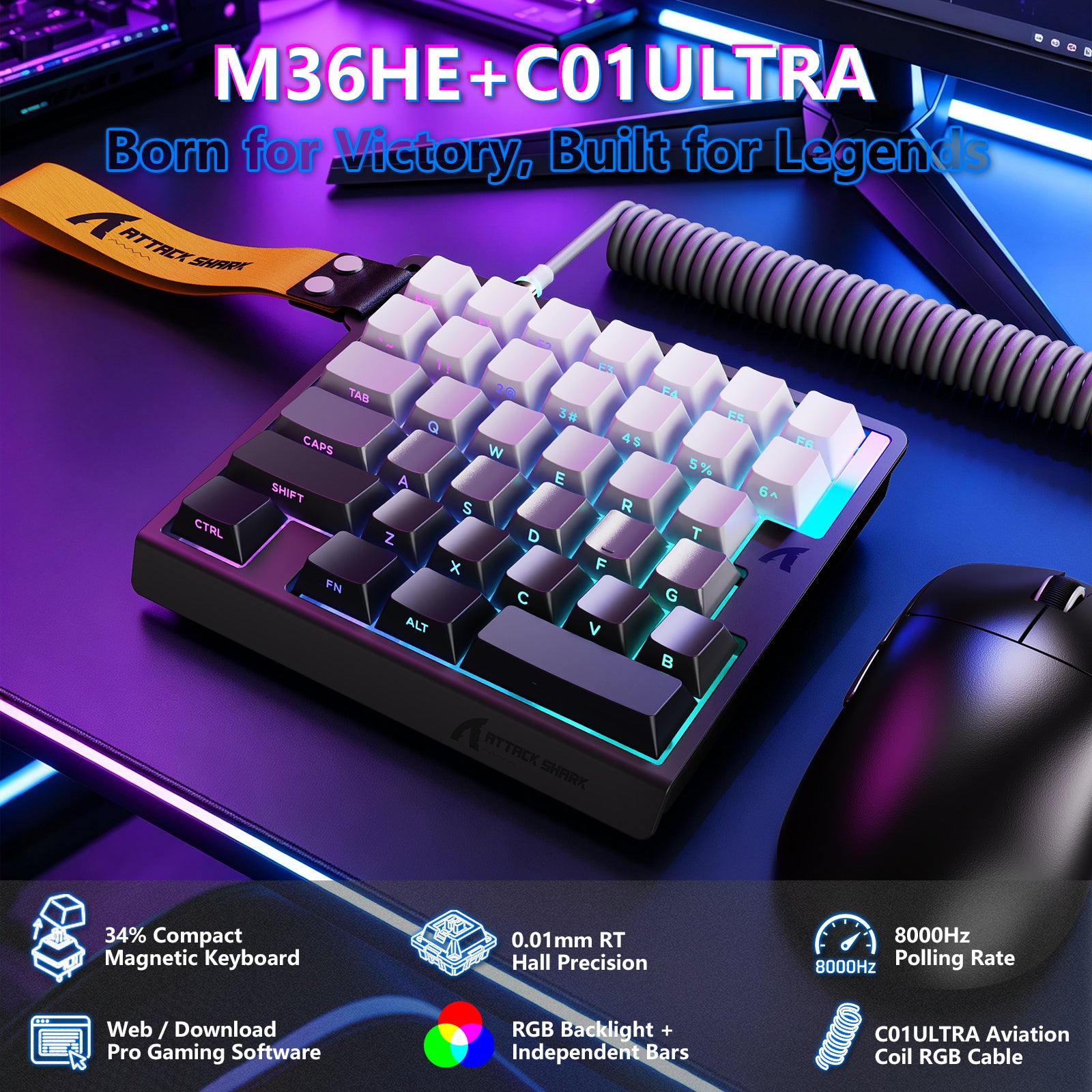 ATTACK SHARK M36 HE 片手用マグネティックスイッチキーボード&C01 ULTRA LED アビエーターケーブル