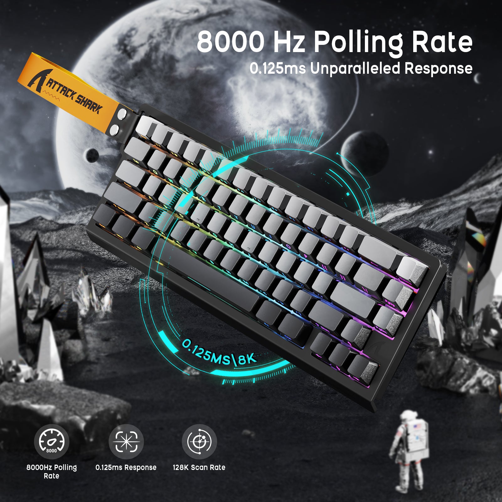 ATTACK SHARK X68HE Magnetic Gaming Keyboard featuring 8000Hz polling rate and 0.125ms response time, black with RGB lighting