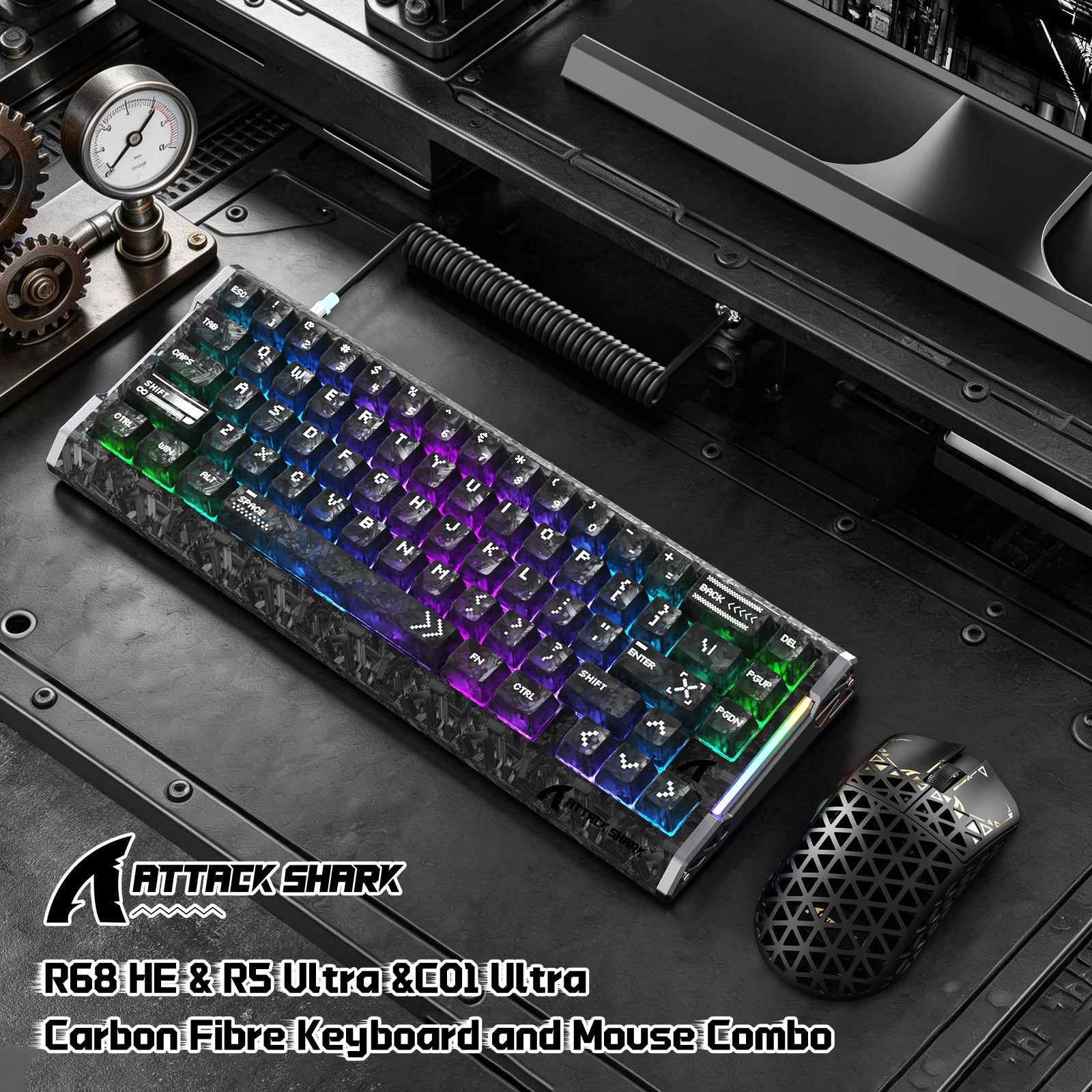 ATTACK SHARK R68 HE & R5 ULTRA カーボンファイバー ゲーミングバンドル C01 ULTRA コイルケーブル付き
