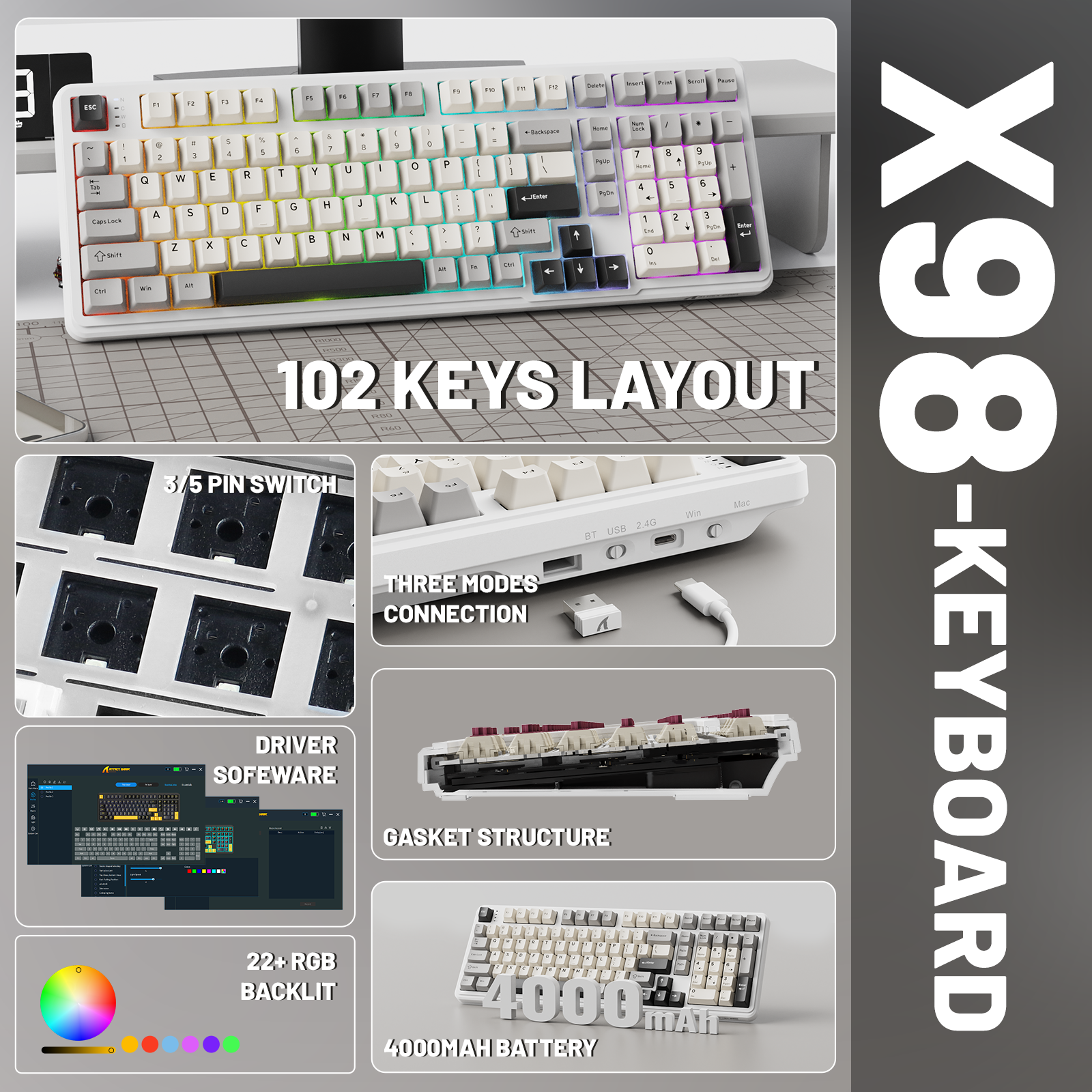 ATTACK SHARK X98 フルサイズ ワイヤレス メカニカルキーボード