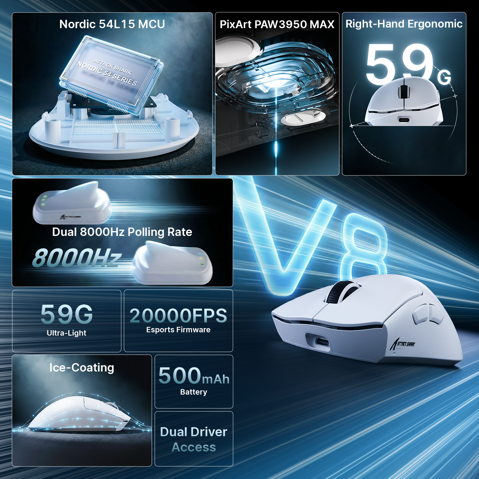 ATTACK SHARK V8 Ultra-Light Ergonomic Wireless Gaming Mouse