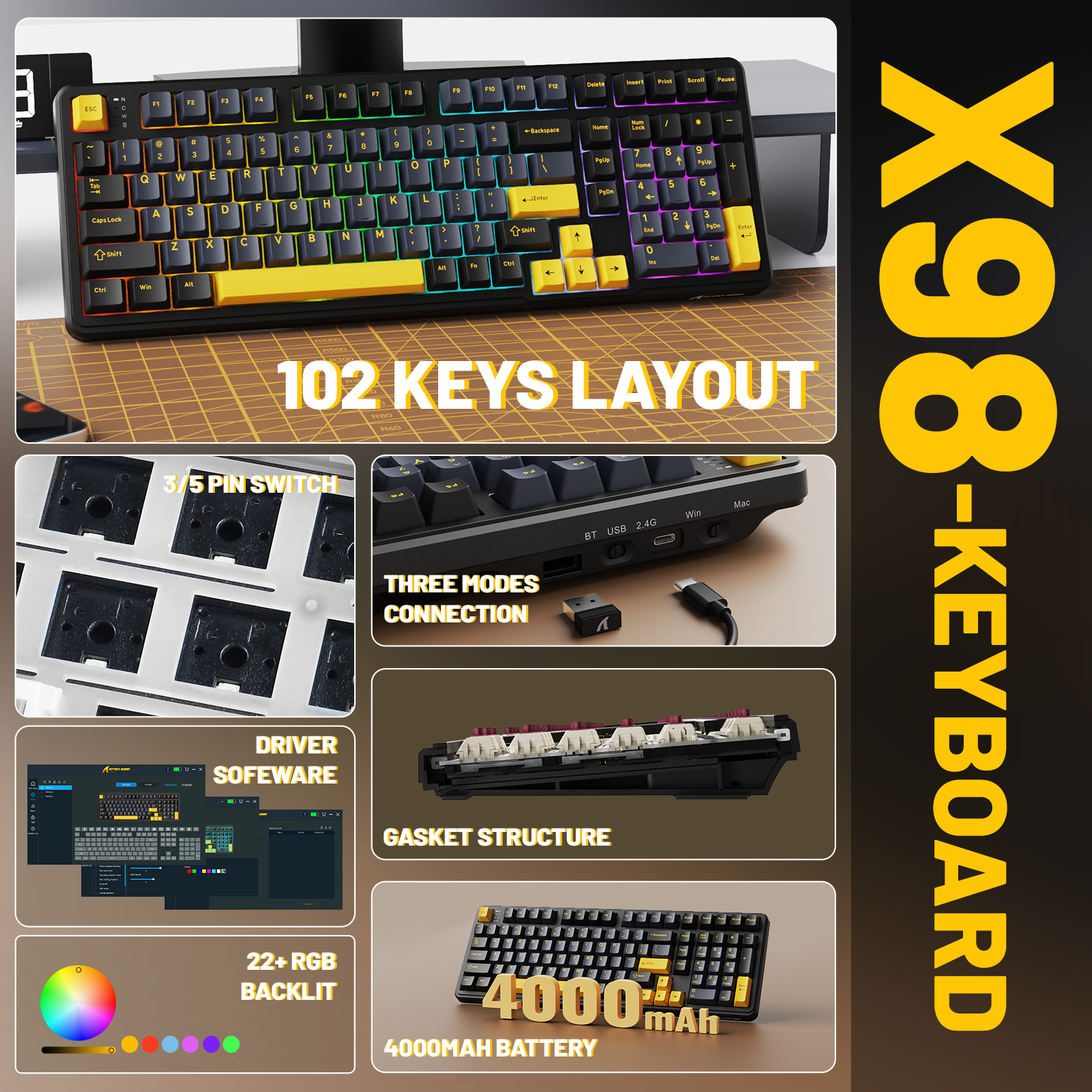 ATTACK SHARK X98 フルサイズ ワイヤレス メカニカルキーボード