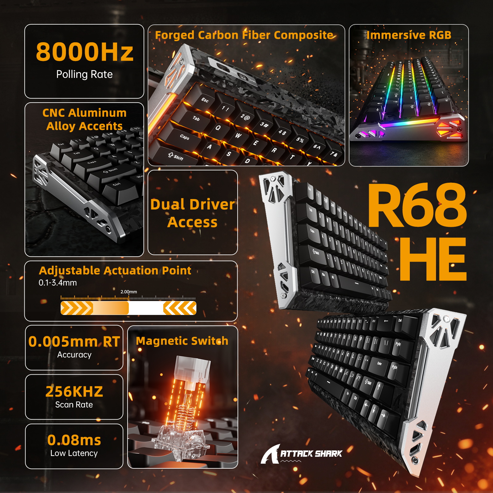 ATTACK SHARK R68 HE カーボンファイバー ラピッドトリガーキーボード マグネティックスイッチ