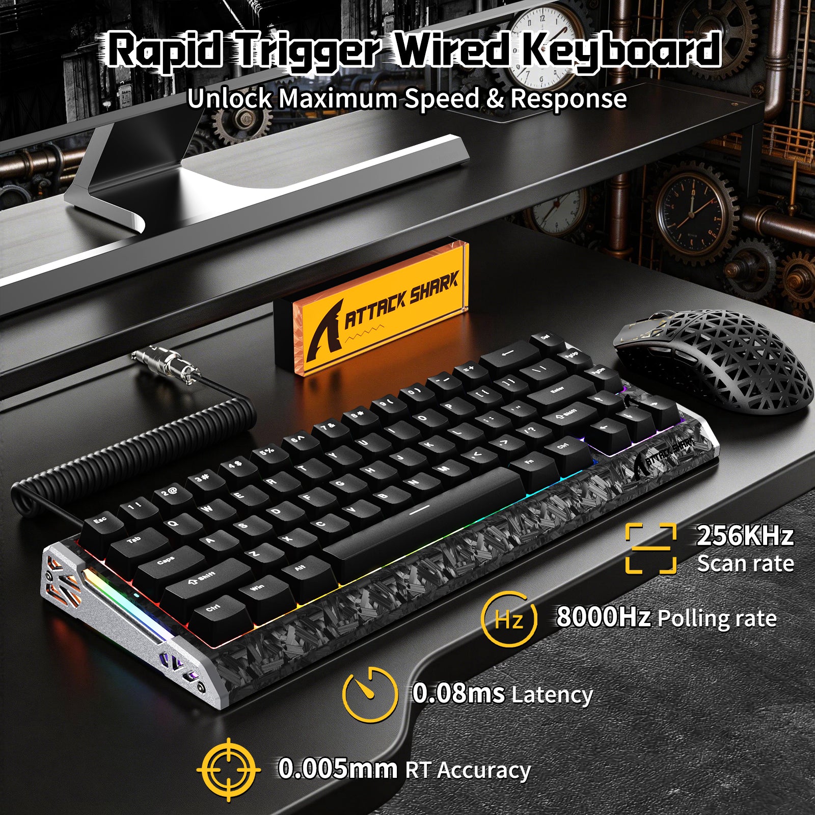 ATTACK SHARK carbon fiber gaming keyboard and mouse, 8000Hz polling, rapid trigger.