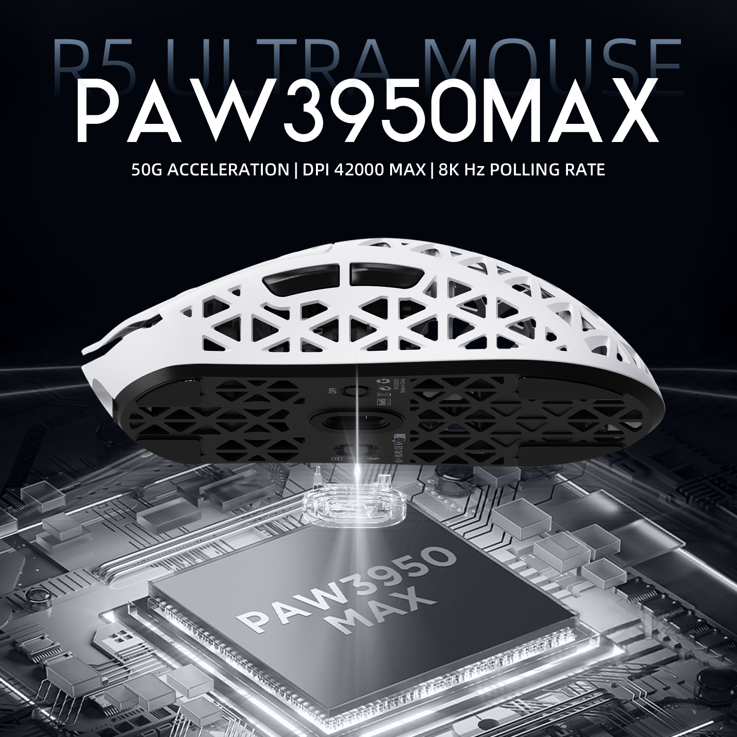 TTACK SHARK R5 ウルトラカーボンファイバーワイヤレス 8K PAW3950MAX ゲーミングマウス、8K コイルケーブル付き