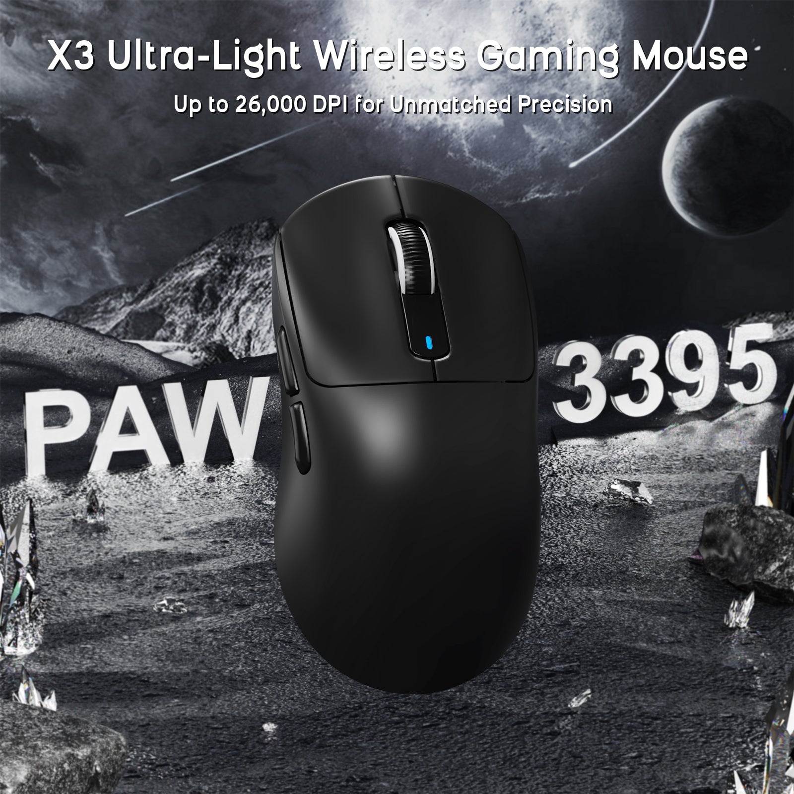 ATTACK SHARK X3 Ultra-Light Wireless Gaming Mouse, black with PAW3395 sensor and 26,000 DPI for gaming.