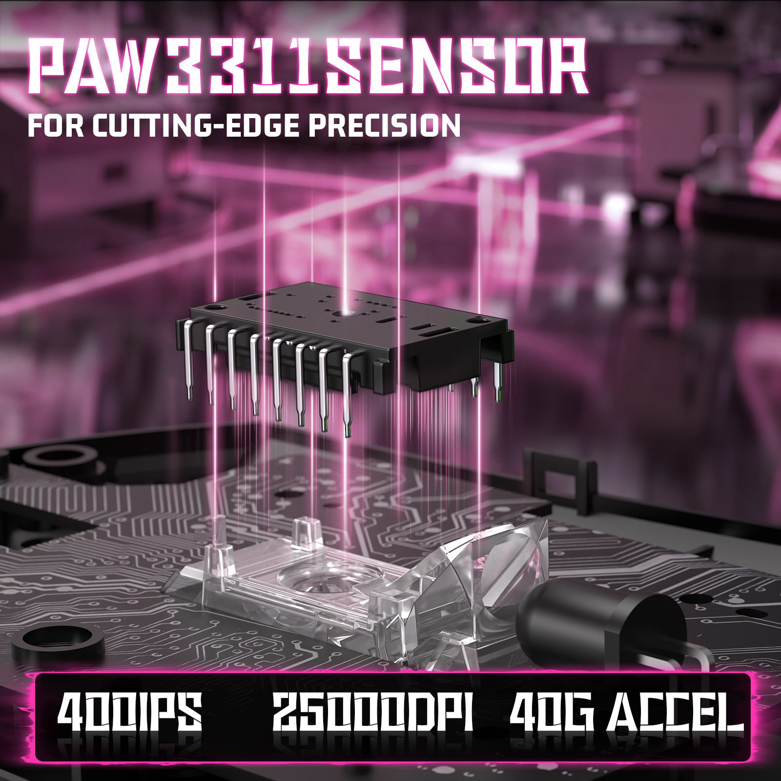 ATTACK SHARK V3 gaming mouse PAW3311 sensor with 25000 DPI, 400 IPS, and 40G acceleration.