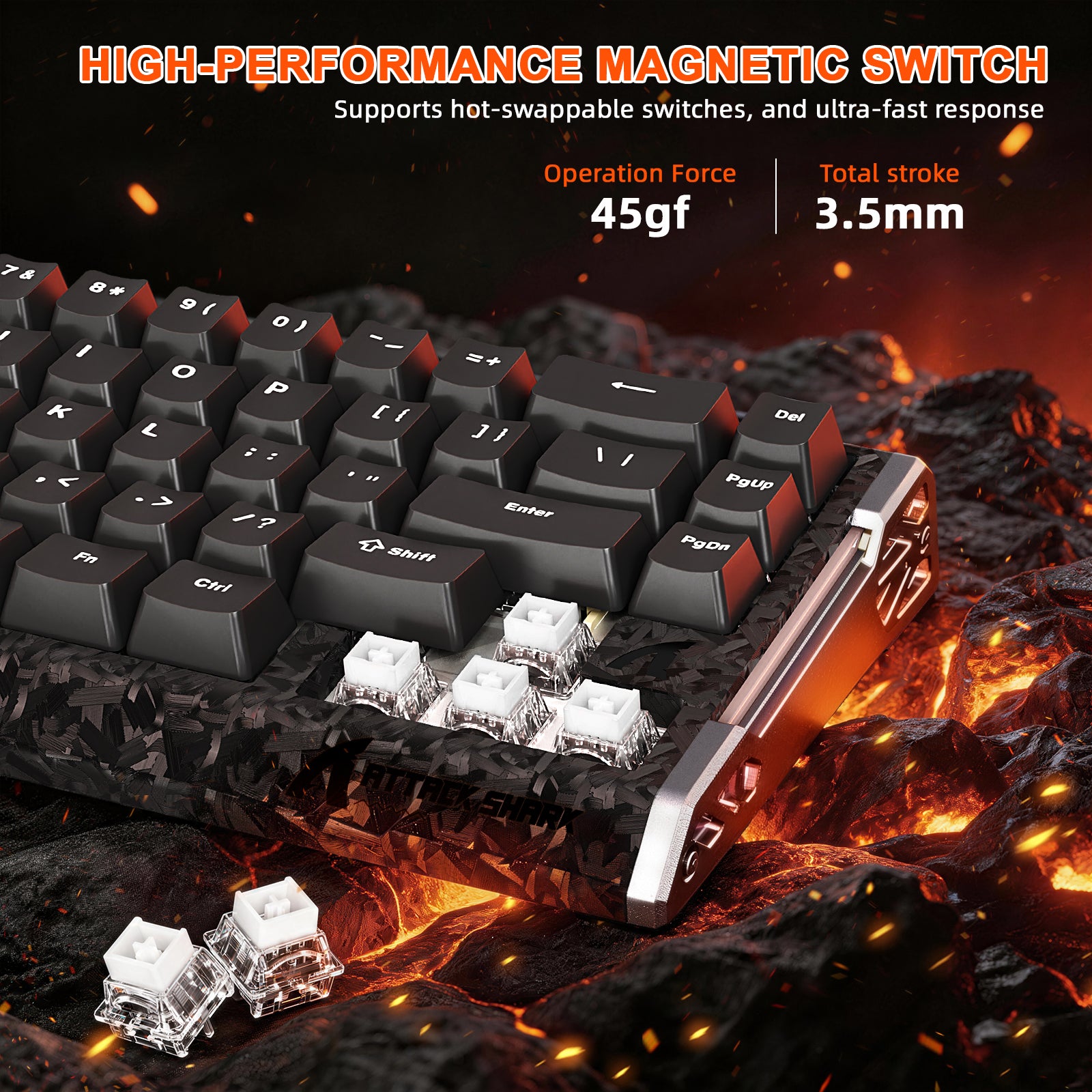 ATTACK SHARK carbon fiber 60% gaming keyboard, hot-swappable magnetic switches.