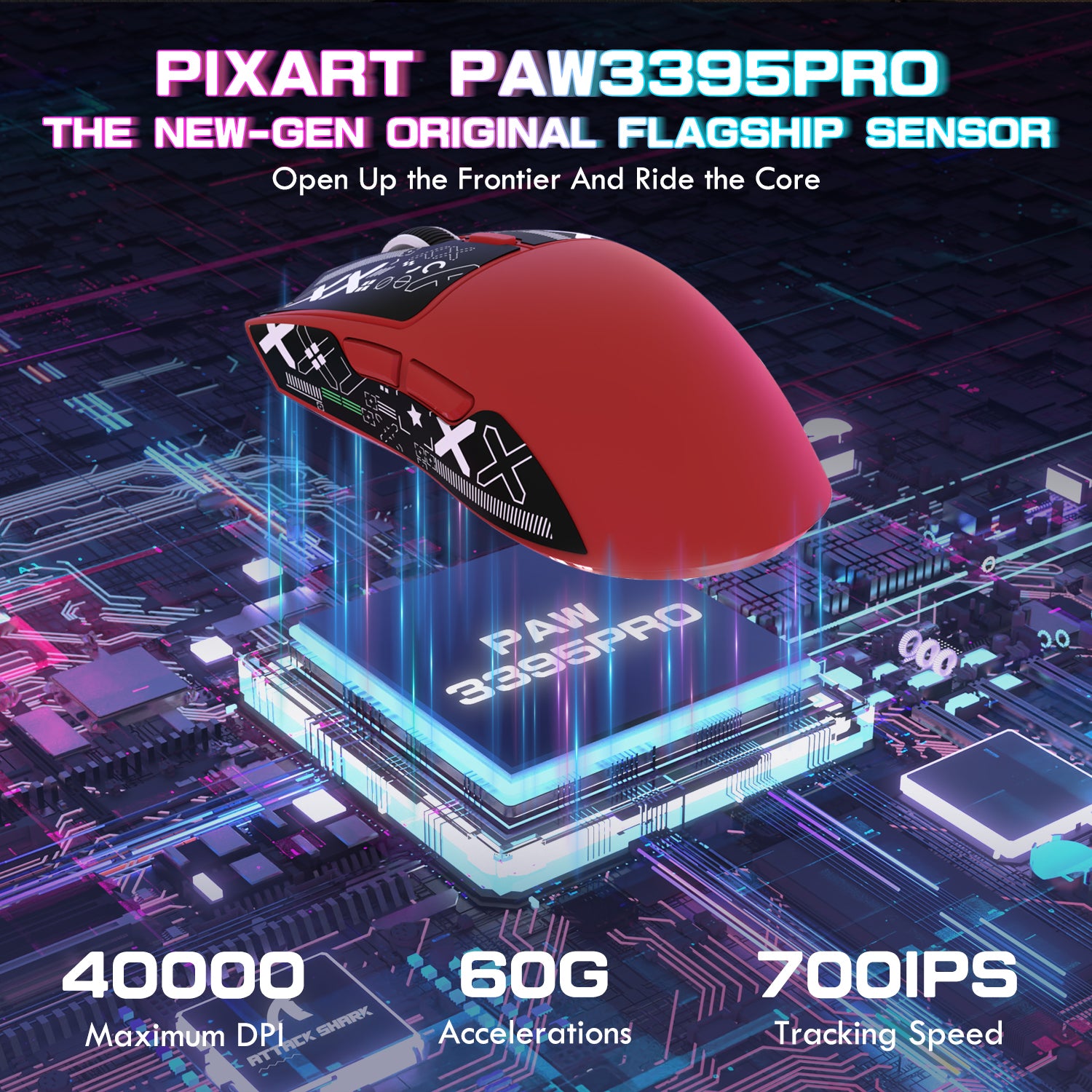 ATTACK SHARK X1 gaming mouse with PAW3395PRO sensor, red design, 40000 DPI, and 700IPS tracking