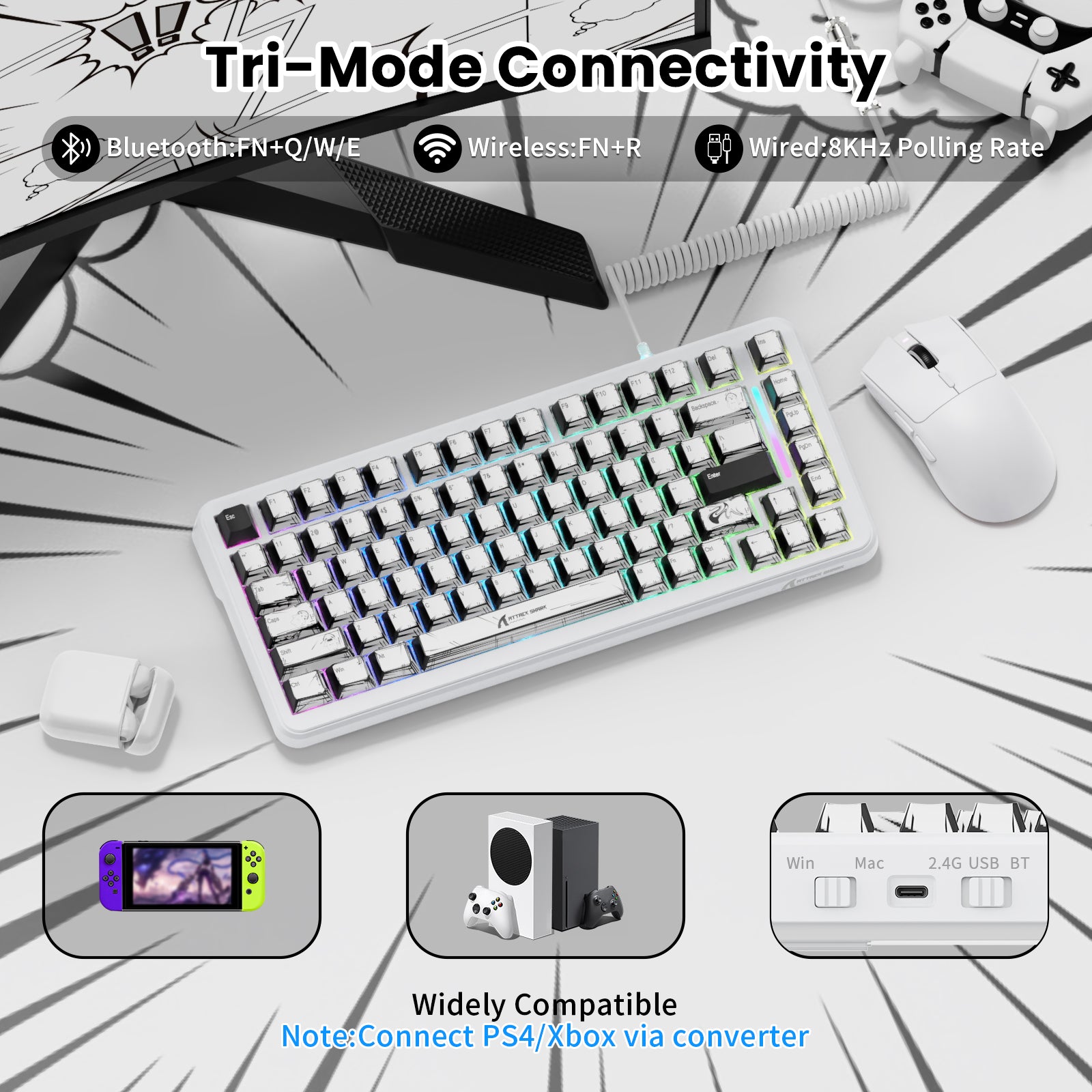 ATTACK SHARK X82PRO HE keyboard with tri-mode connectivity, 8KHz polling rate, and wide device compatibility.