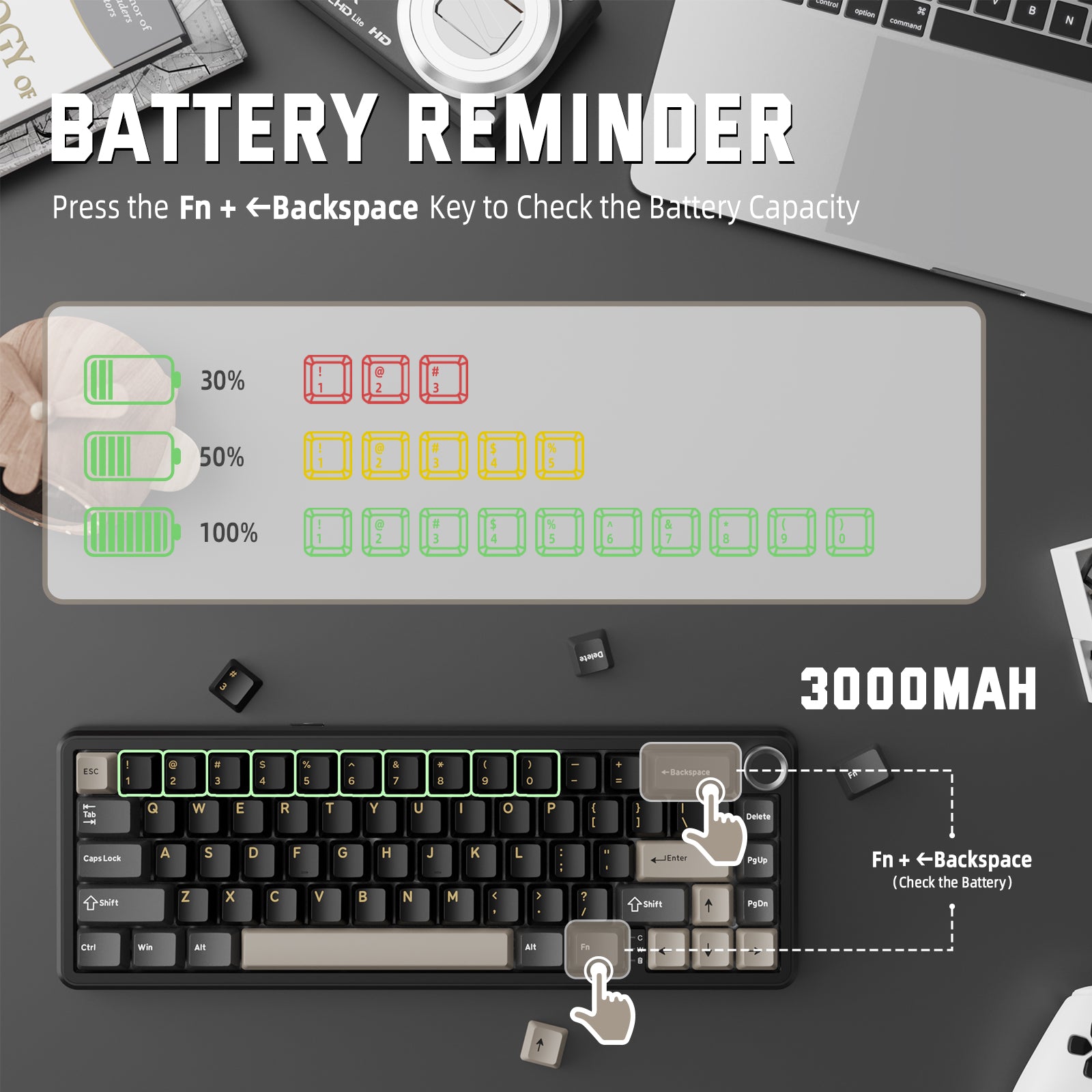 ATTACK SHARK X66 wireless keyboard battery reminder, 3000mAh capacity. Press Fn + Backspace to check battery.