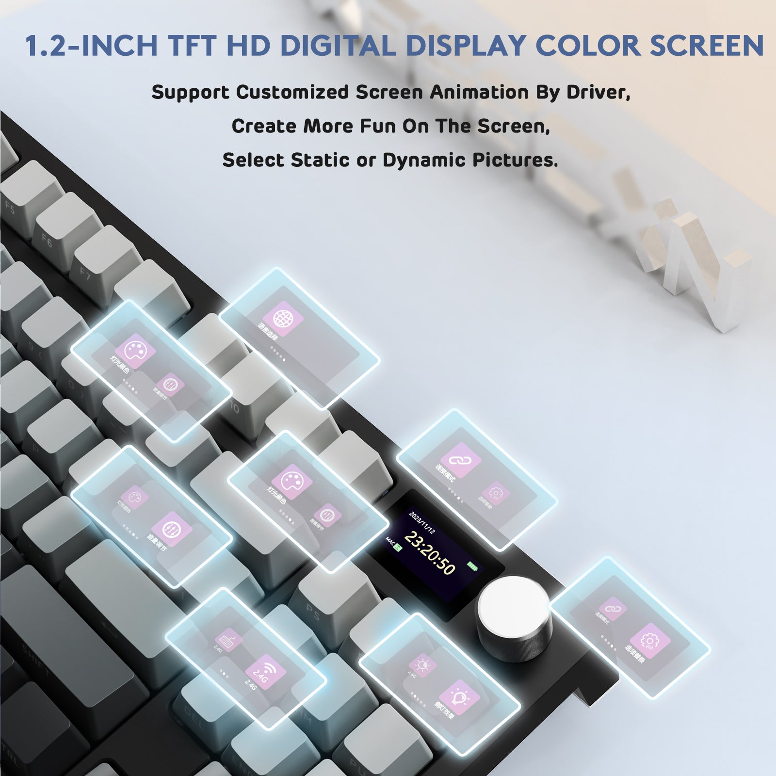 ATTACK SHARK K86 Pro mechanical keyboard with TFT HD display, customizable screen animation, and CNC knob for control.