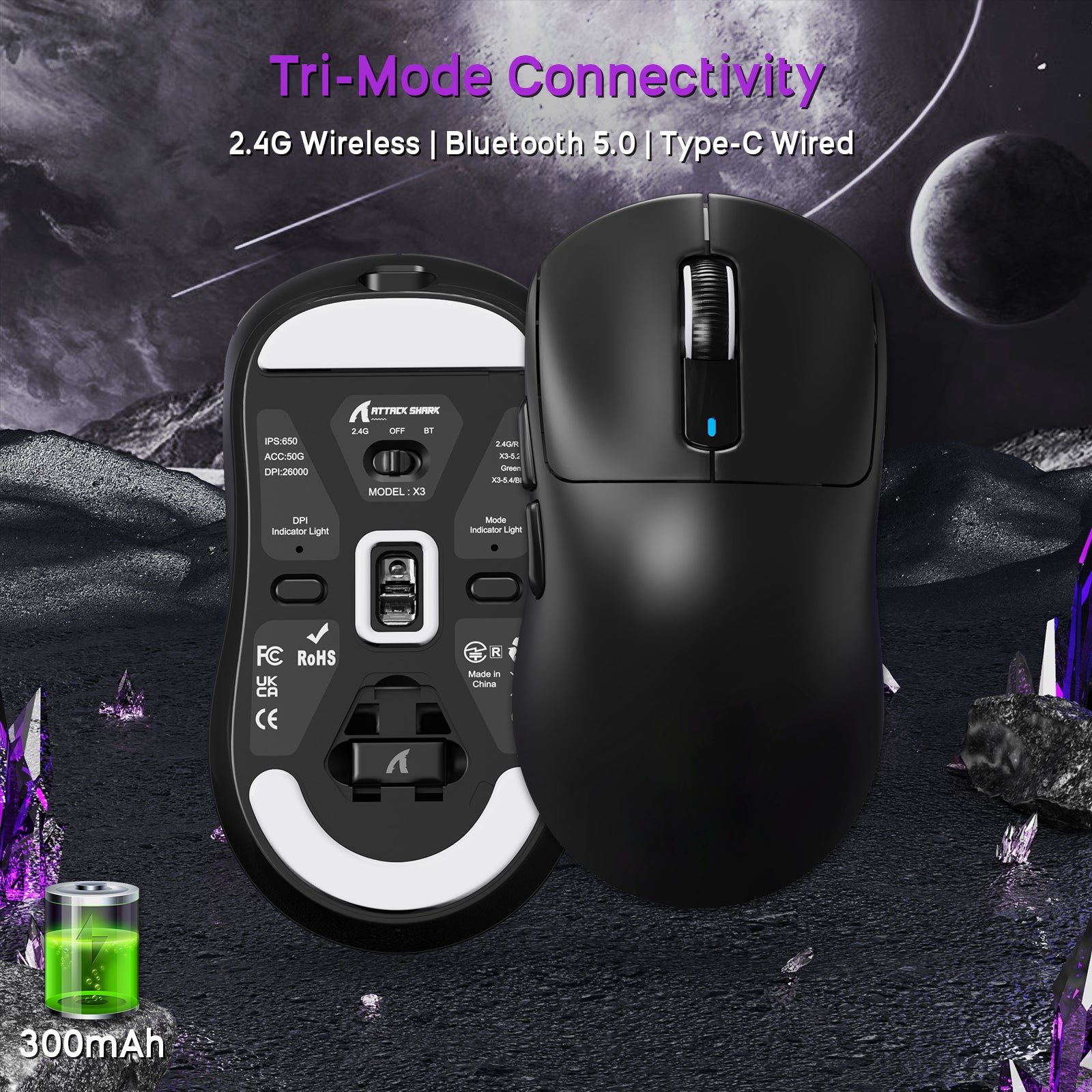 ATTACK SHARK X3 Wireless Gaming Mouse, Tri-Mode Connectivity: 2.4G, Bluetooth, Wired, Black.