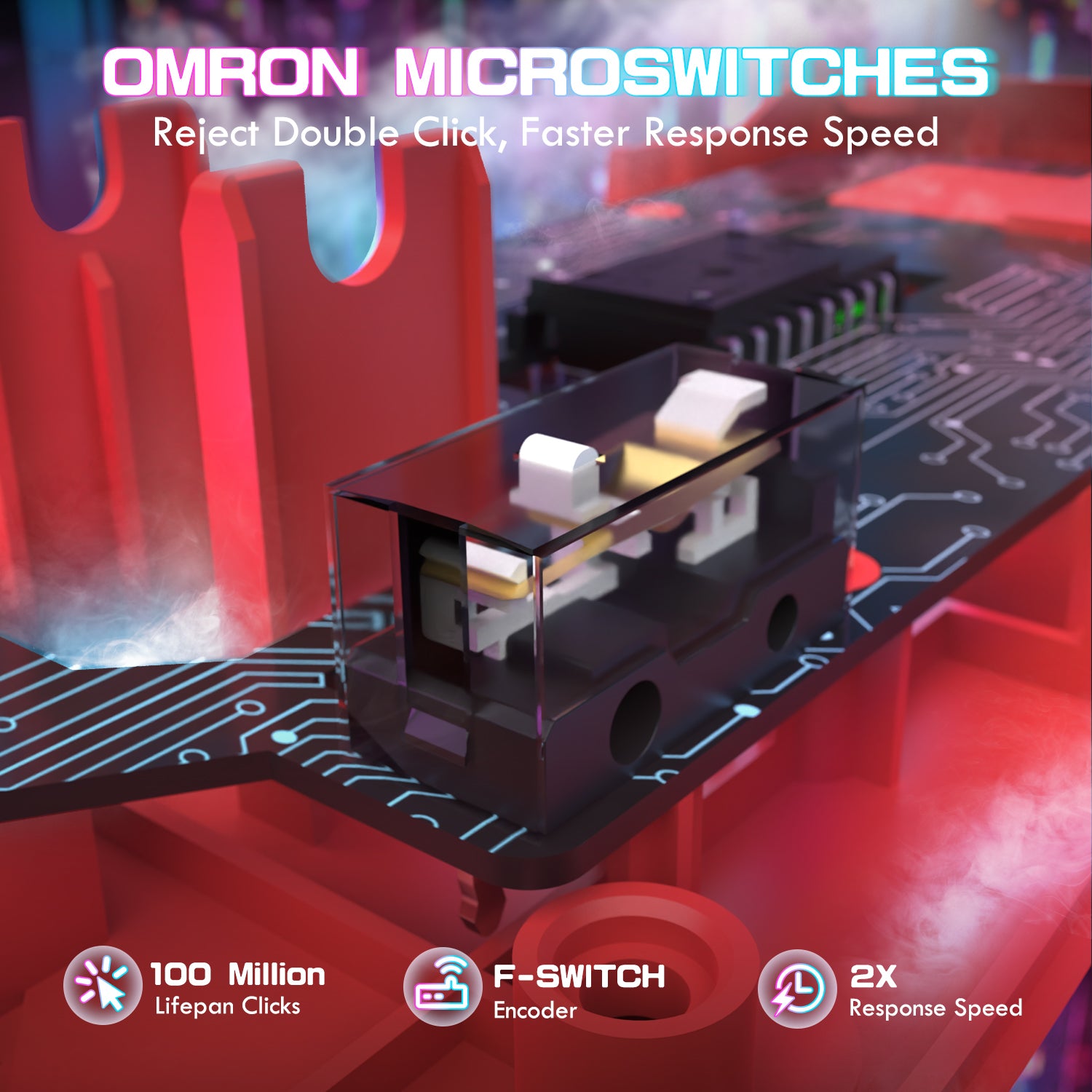 ATTACK SHARK X1 gaming mouse featuring OMRON microswitches for faster response and 100M clicks lifespan, F-SWITCH encoder.
