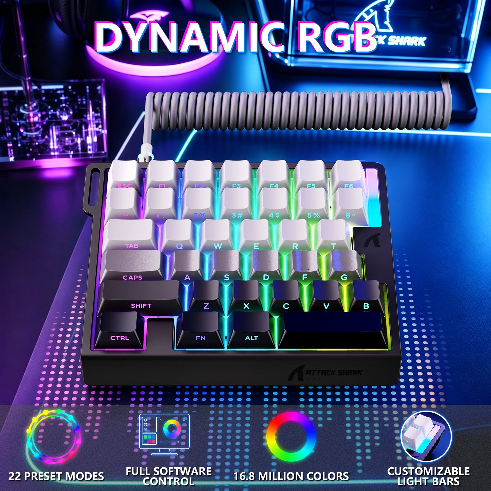 ATTACK SHARK M36 HE 片手用マグネティックスイッチキーボード&C01 ULTRA LED アビエーターケーブル