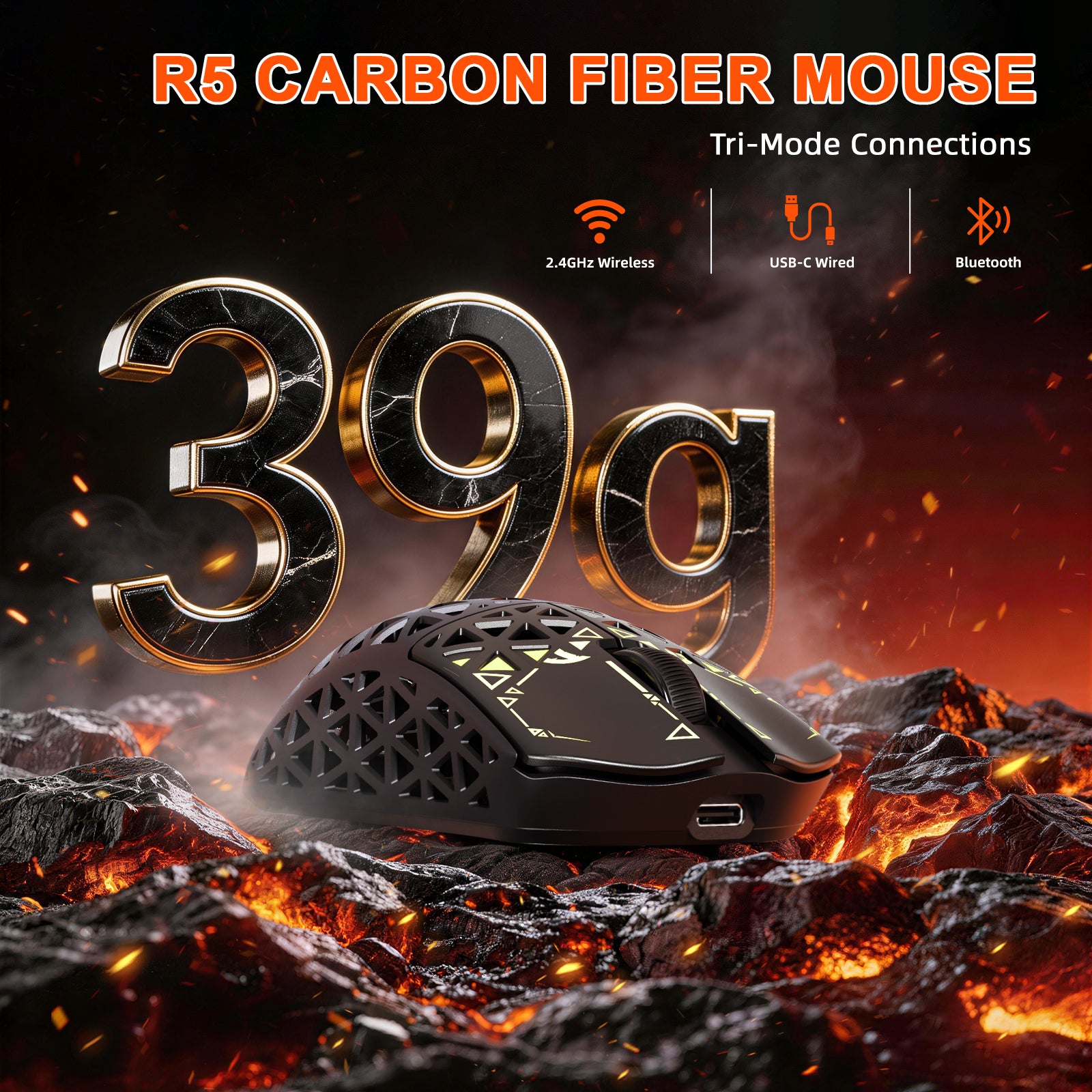 ATTACK SHARK R5 Carbon Fiber ultralight gaming mouse, 39g, Tri-Mode