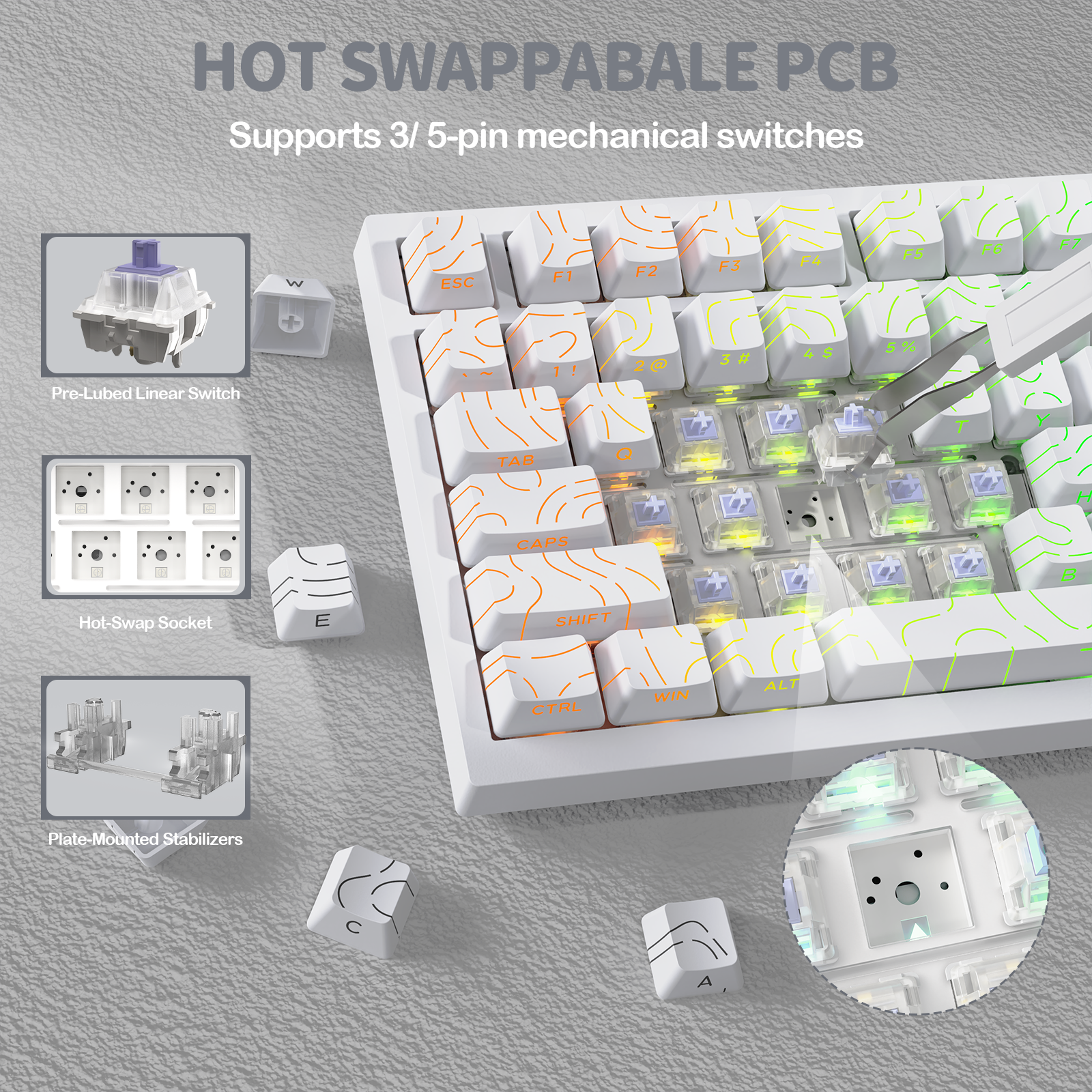 White hot-swappable mechanical keyboard, supports 3/5-pin switches. Features linear switch, hot-swap socket, plate stabilizers, and unique orange/yellow keycaps.