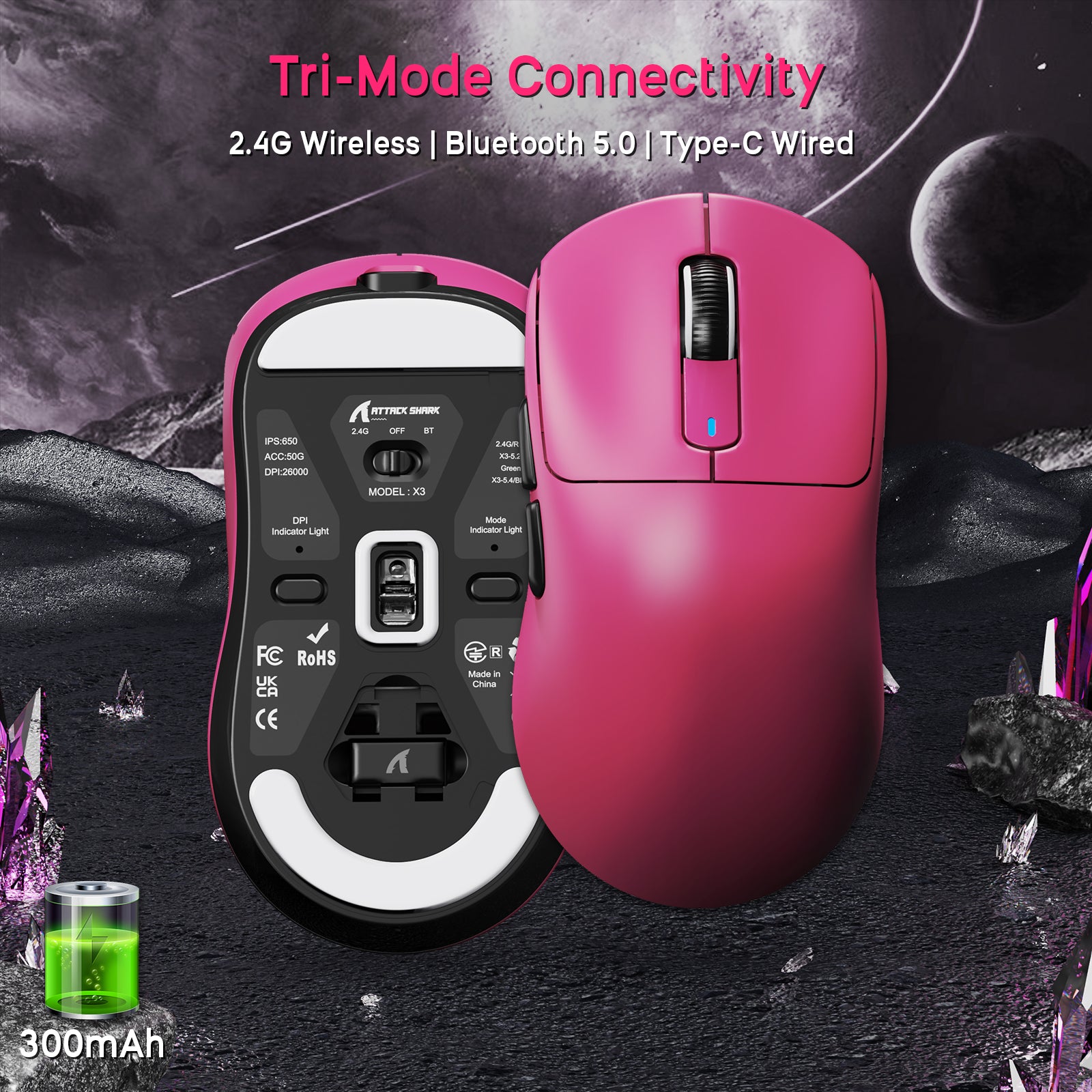 ATTACK SHARK X3 wireless gaming mouse, pink, tri-mode connectivity: 2.4G, Bluetooth, and wired options, 26000 DPI.