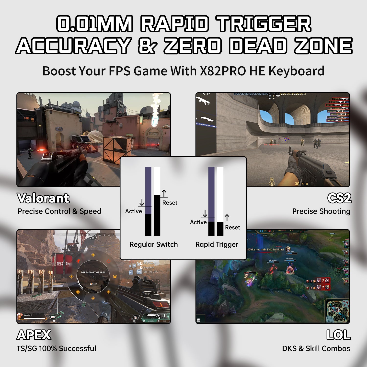 ATTACK SHARK X82PRO HE keyboard: 0.01mm Rapid Trigger for FPS gaming. Enhanced performance in Valorant, CS2, Apex, and LOL.