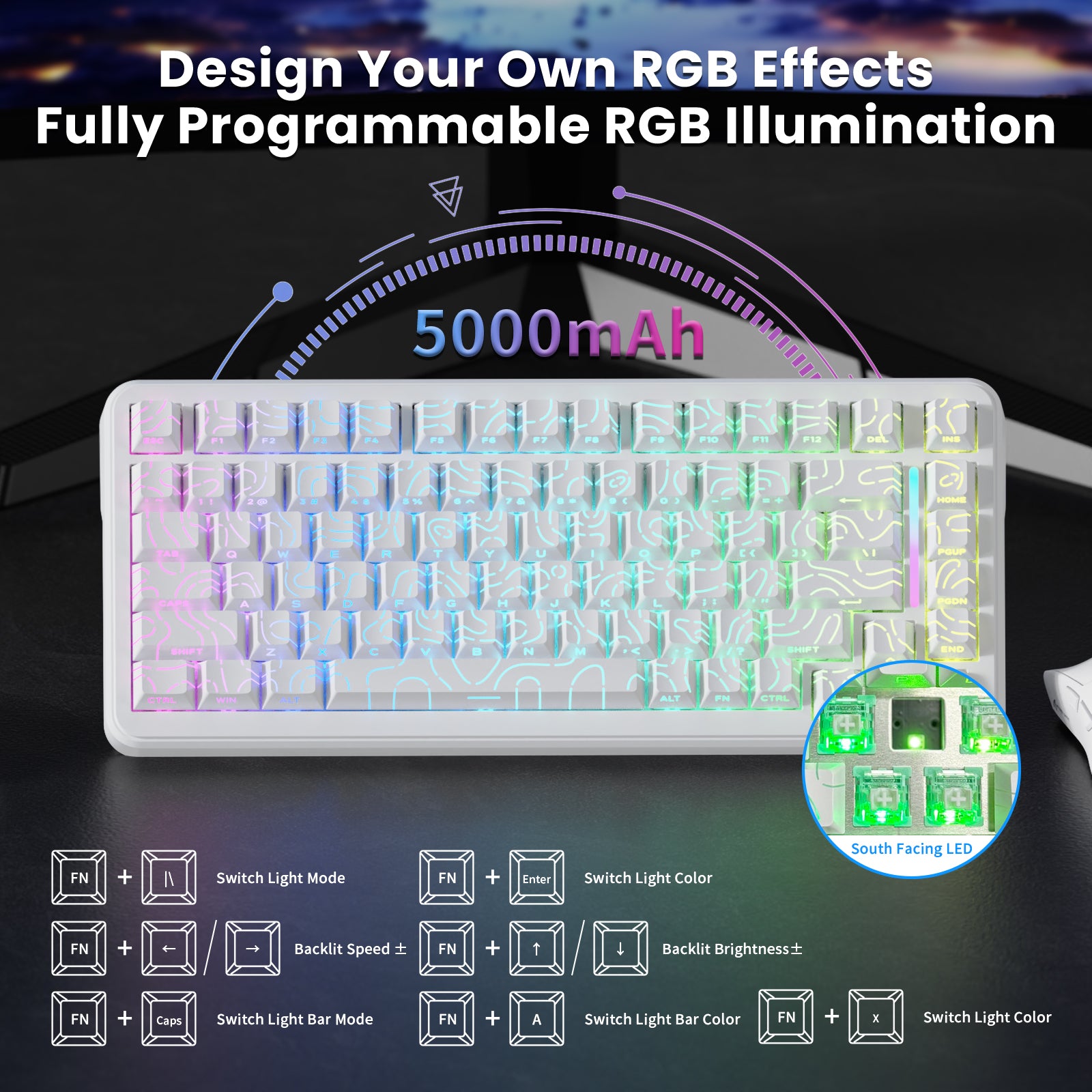 ATTACK SHARK X82PRO HE keyboard with customizable RGB, 5000mAh battery. South-facing LED and FN key functions for lighting.