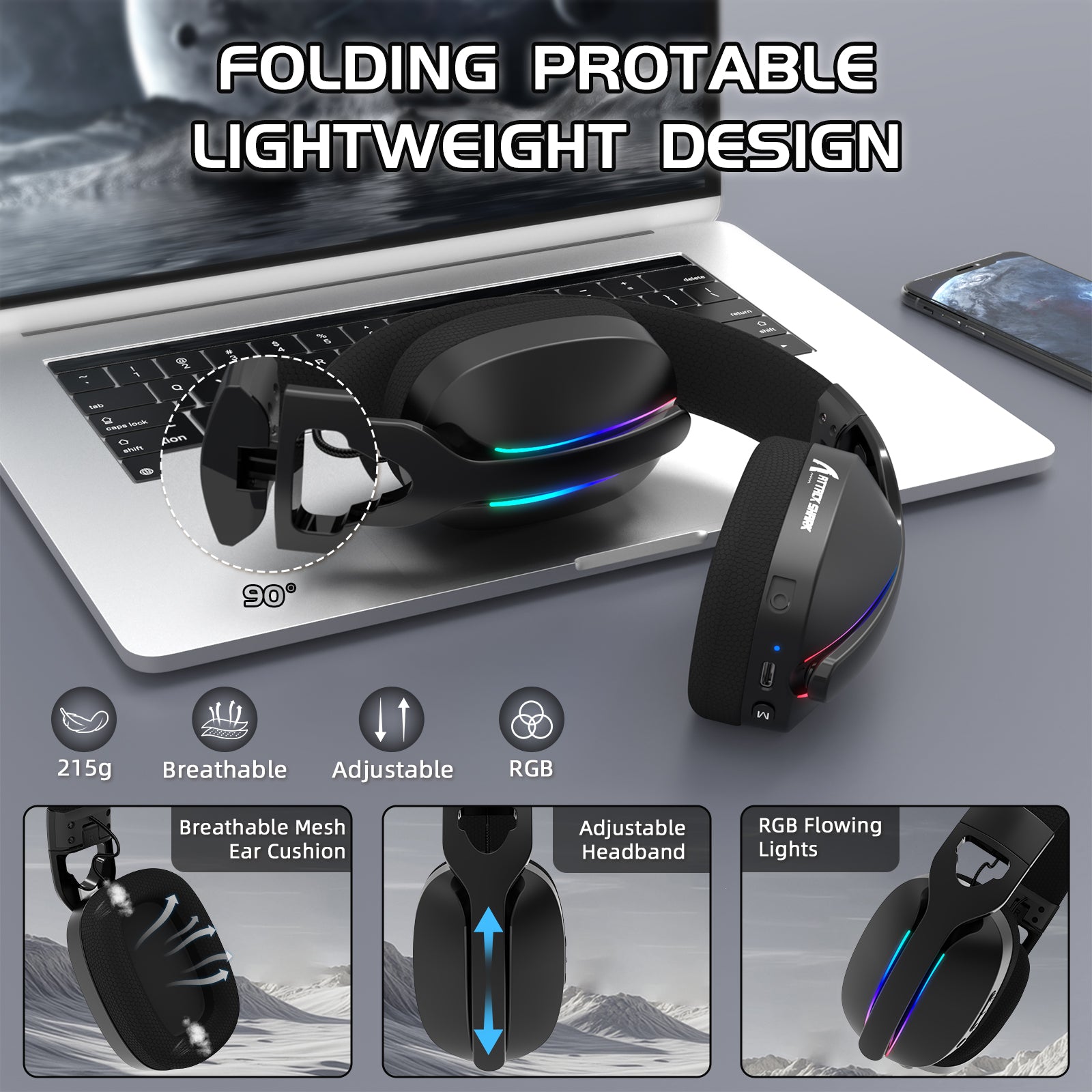 ATTACK SHARK L90 gaming headset, folding design with RGB, adjustable features, and lightweight for comfortable gaming.