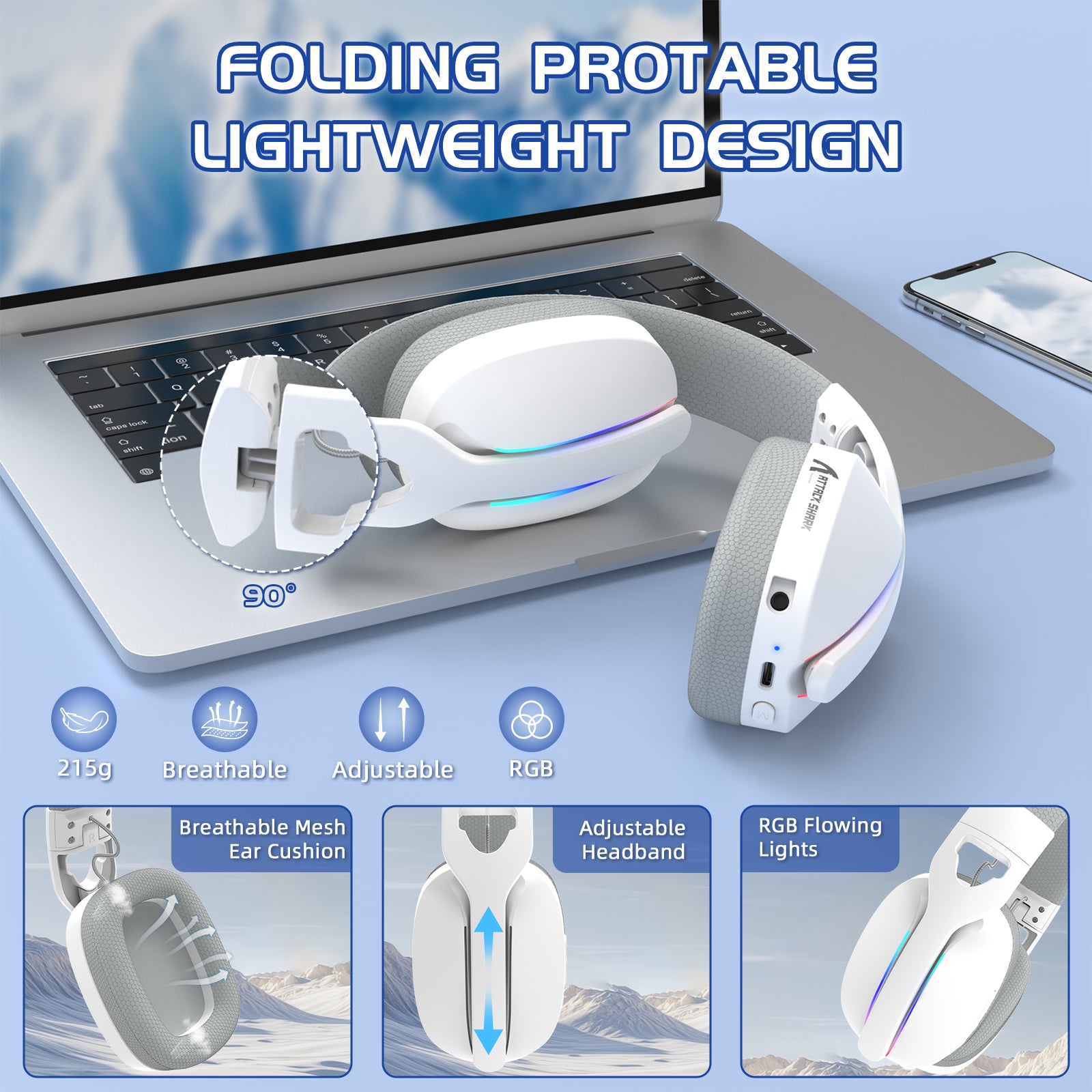 ATTACK SHARK L90 white foldable gaming headset with RGB lights on a laptop.