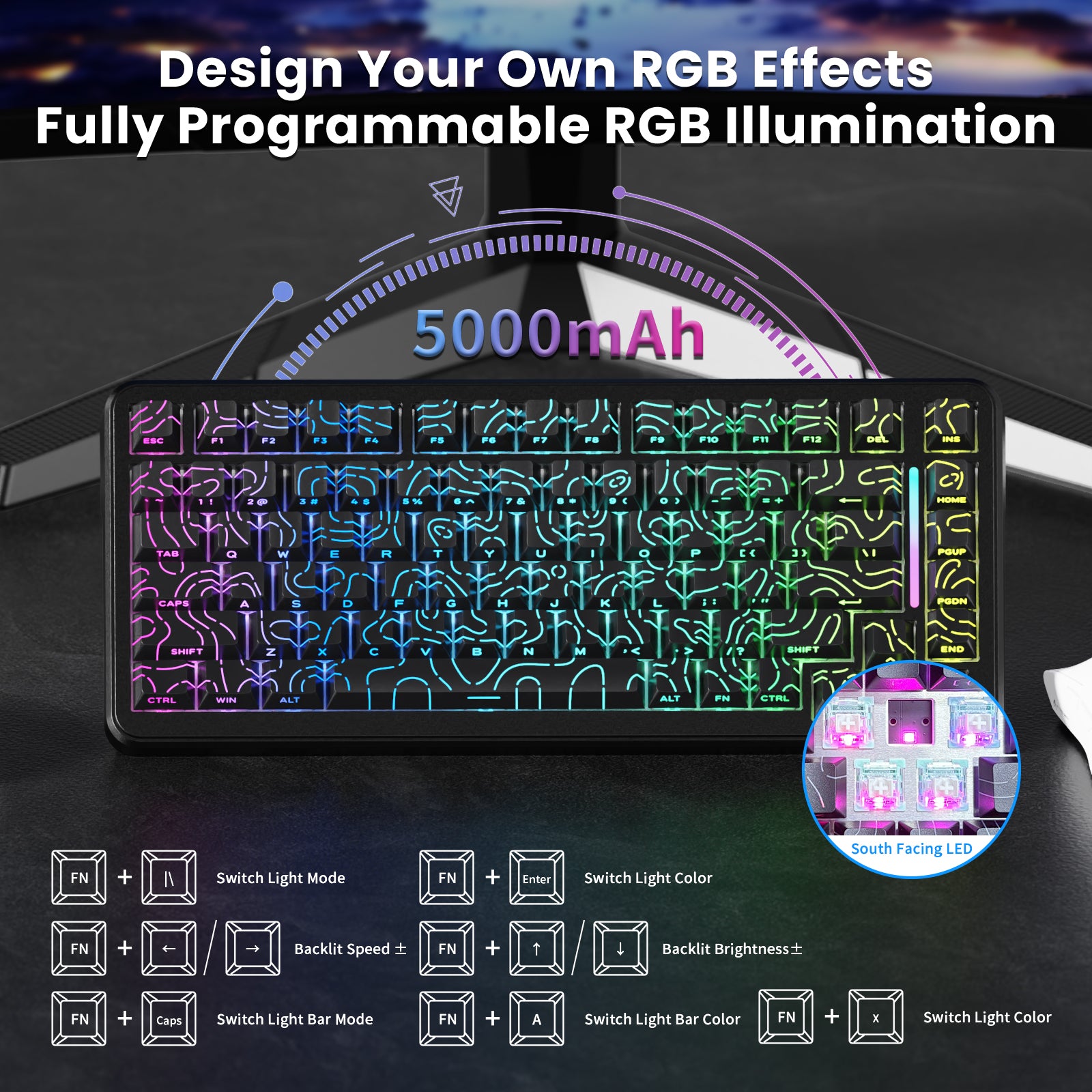 ATTACK SHARK X82PRO HE keyboard with RGB lighting, 5000mAh, south-facing LED. Customizable illumination.