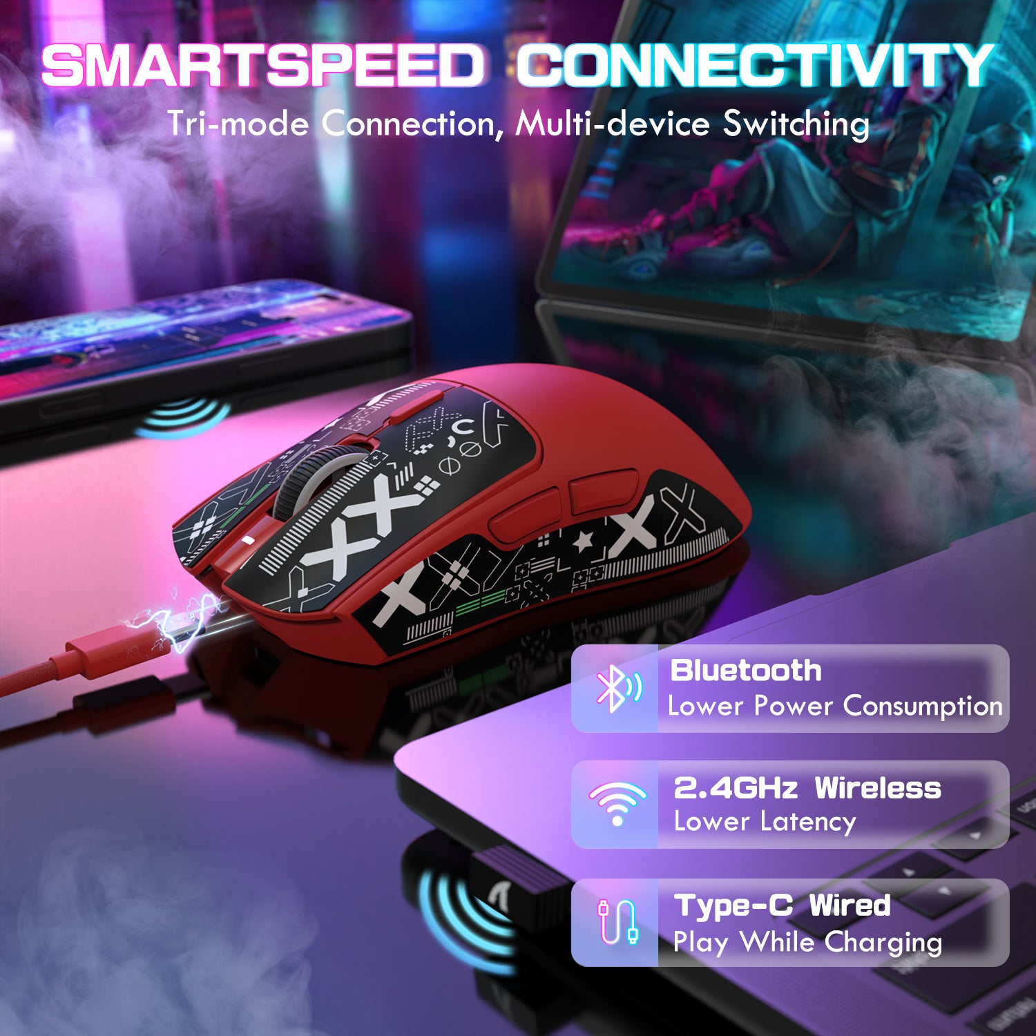 ATTACK SHARK X1 red gaming mouse featuring SmartSpeed tri-mode connectivity (Bluetooth, 2.4GHz, Type-C) for versatile gaming.