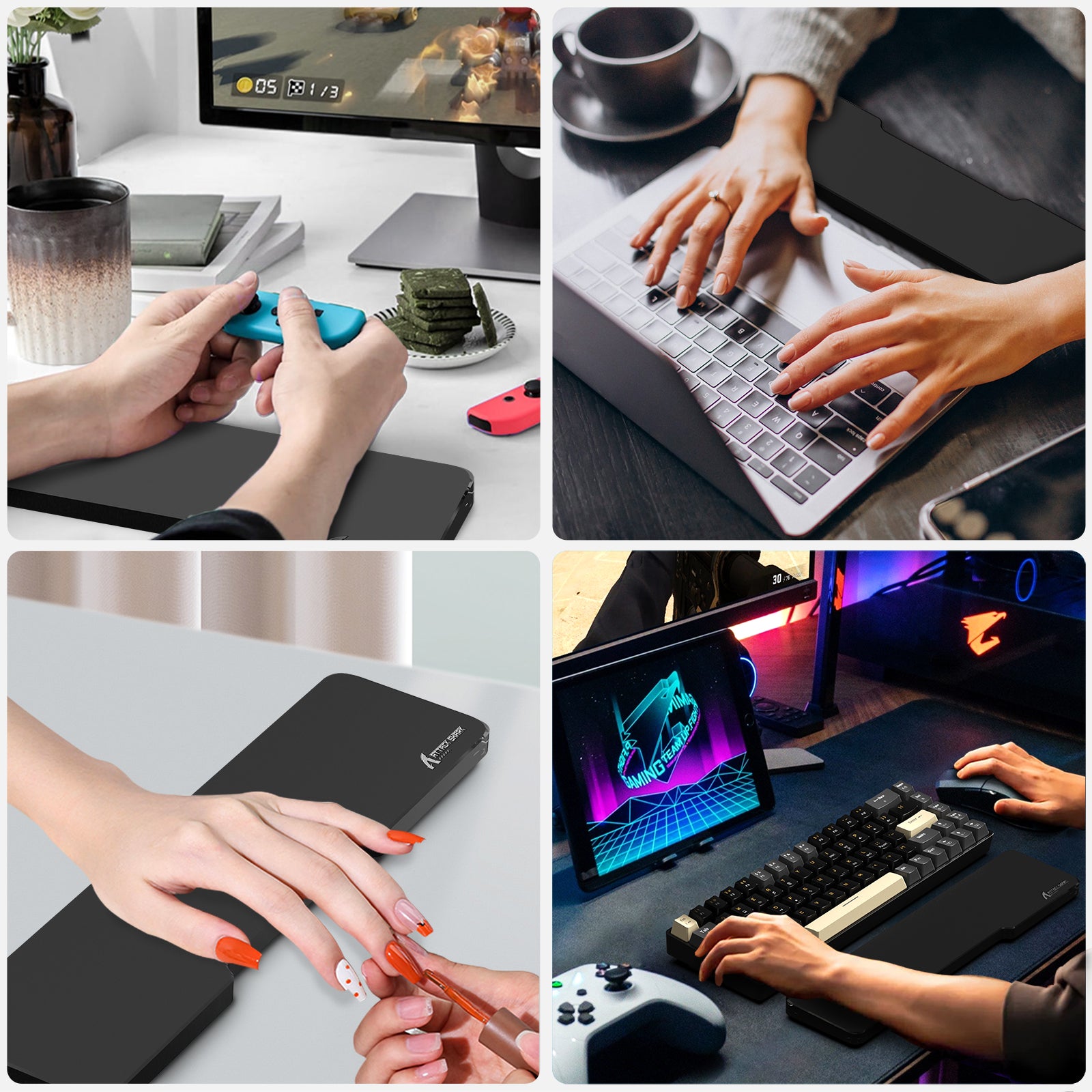 ATTACK SHARK Black Acrylic Wrist Rest in use with various devices, providing ergonomic support during gaming and typing.