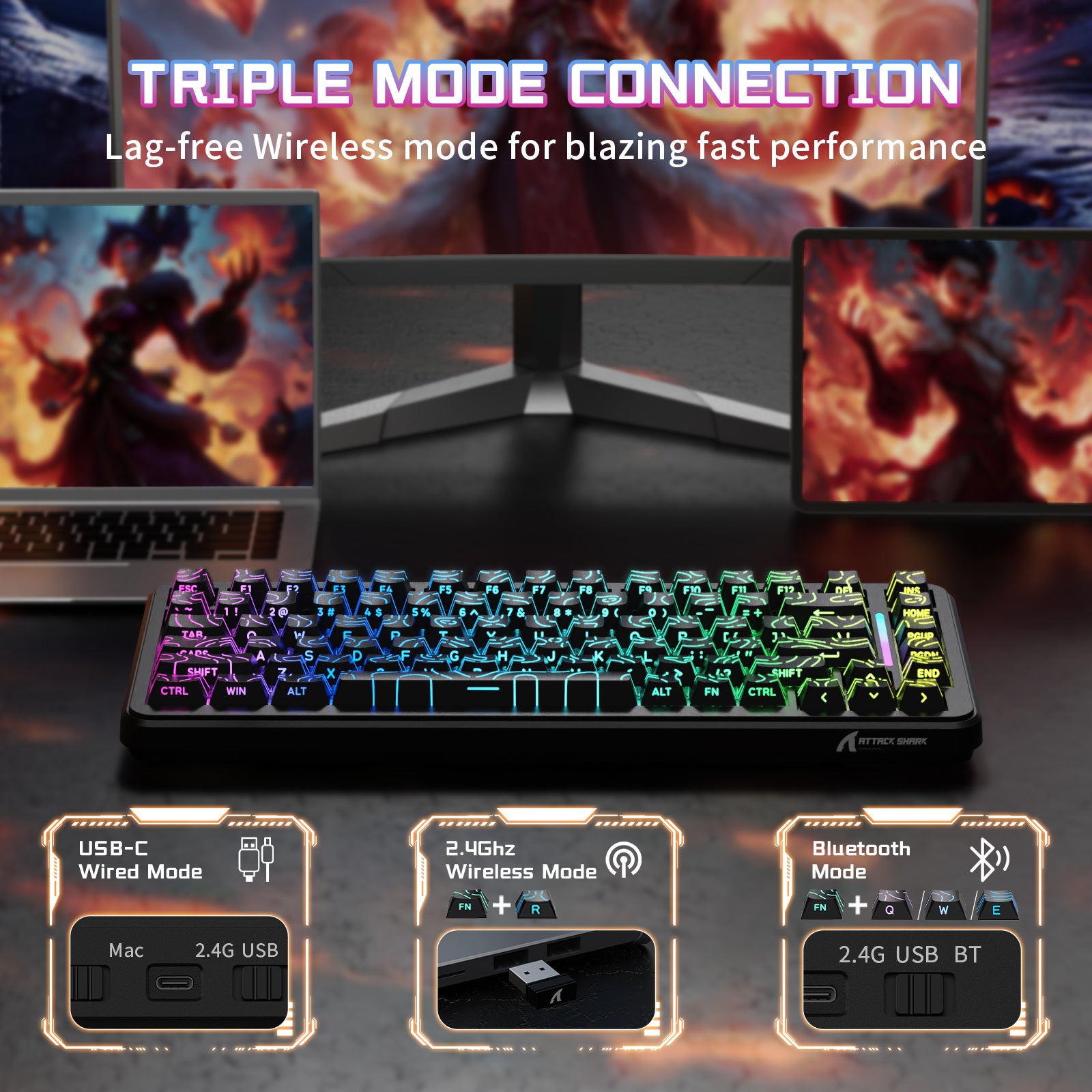 ATTACK SHARK X82PRO HE ワイヤレス ラピッドトリガー ゲーミングキーボード マグネティックスイッチ