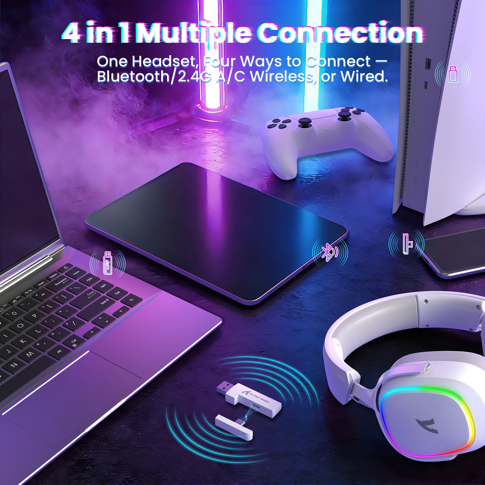 White ATTACK SHARK G800 headset, 4-in-1 connection: laptop, tablet, console via 2.4G, Bluetooth, wired. RGB lighting.