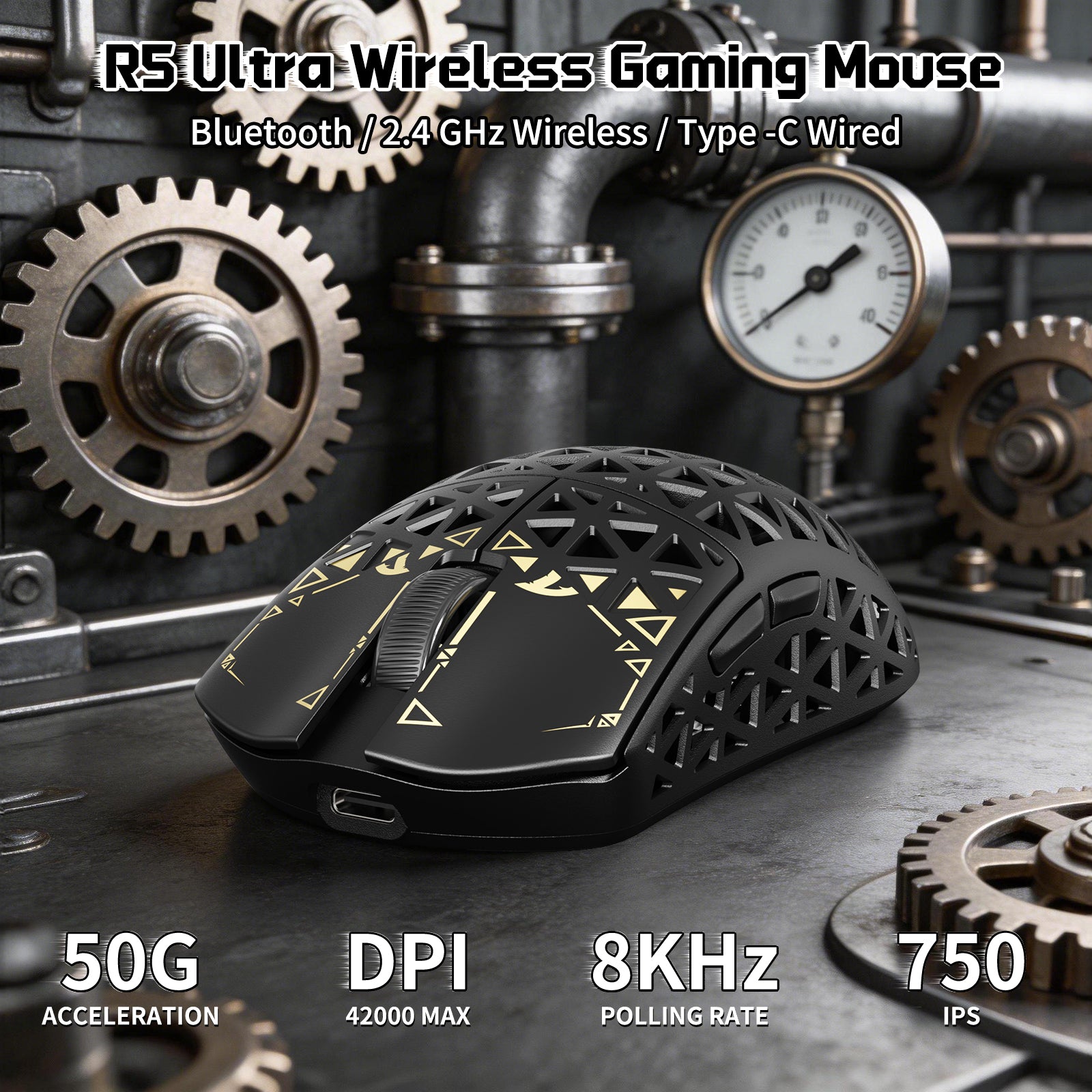 ATTACK SHARK R5 Ultra gaming mouse, 8KHz, 42000 DPI, geometric carbon fiber design.